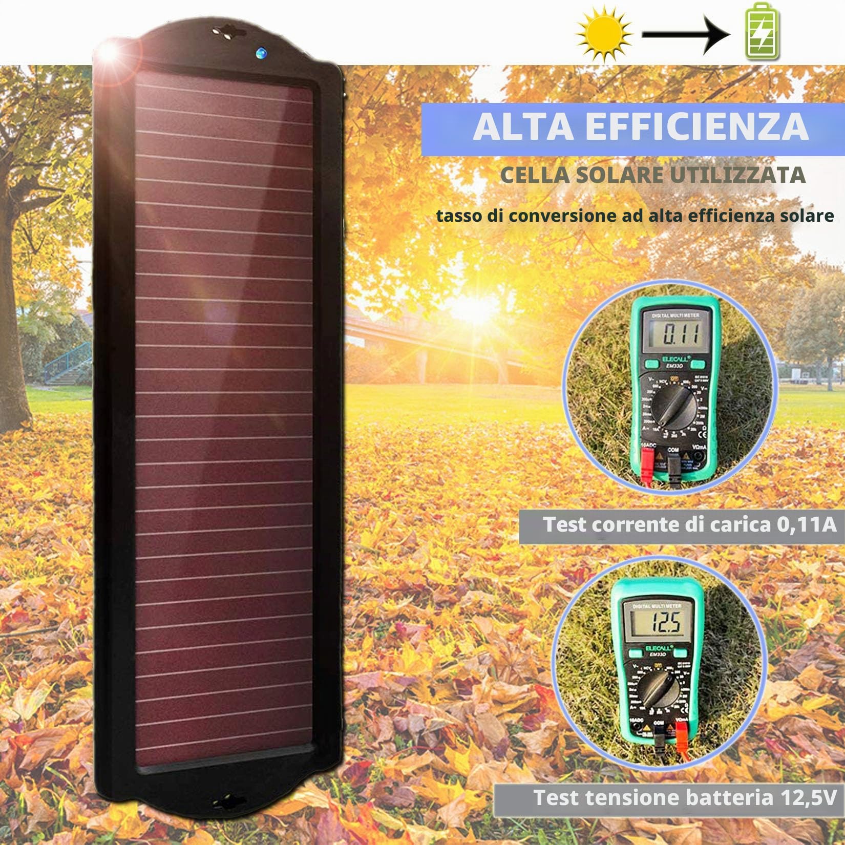 Caricabatteria da auto solare, pannello solare amorfo portatile impermeabile 12 V 2,5 W con morsetto per batteria per accendisigari per auto, moto, barca, camper, rimorchio, ecc.