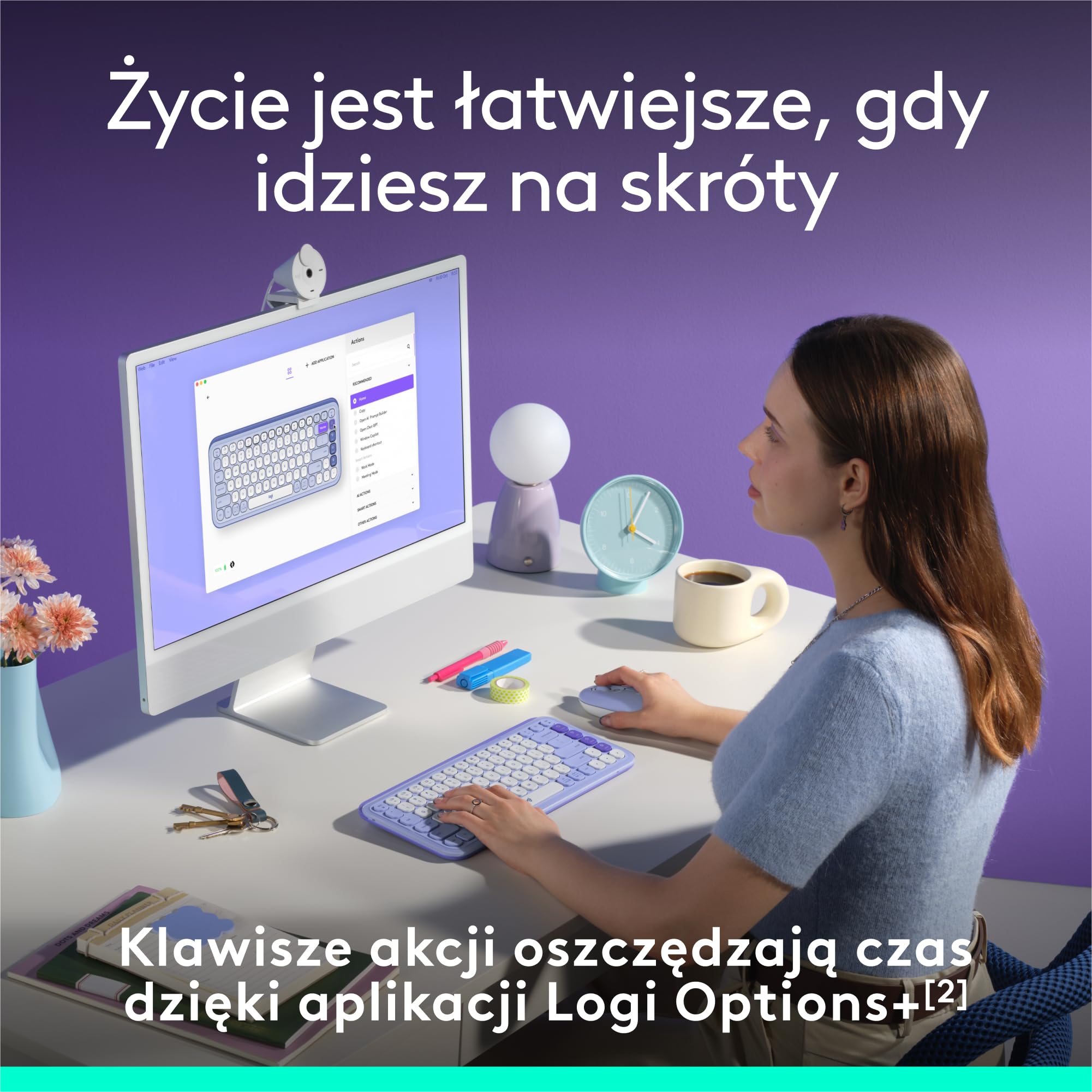 Logitech POP ICON KEYS, bezprzewodowa klawiatury Bluetooth, programowalne klawisze, funkcja Easy-Switch, do laptopa, tabletu, komputera PC, QWERTY układ US international - Liliowy