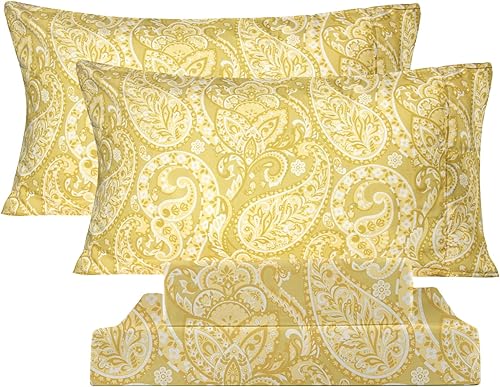 KACEMOO Juego de sábanas de 4 piezas con estampado de cachemira amarilla, juego de sábanas de microfibra suave y transpirable de 1800 hilos, tamaño