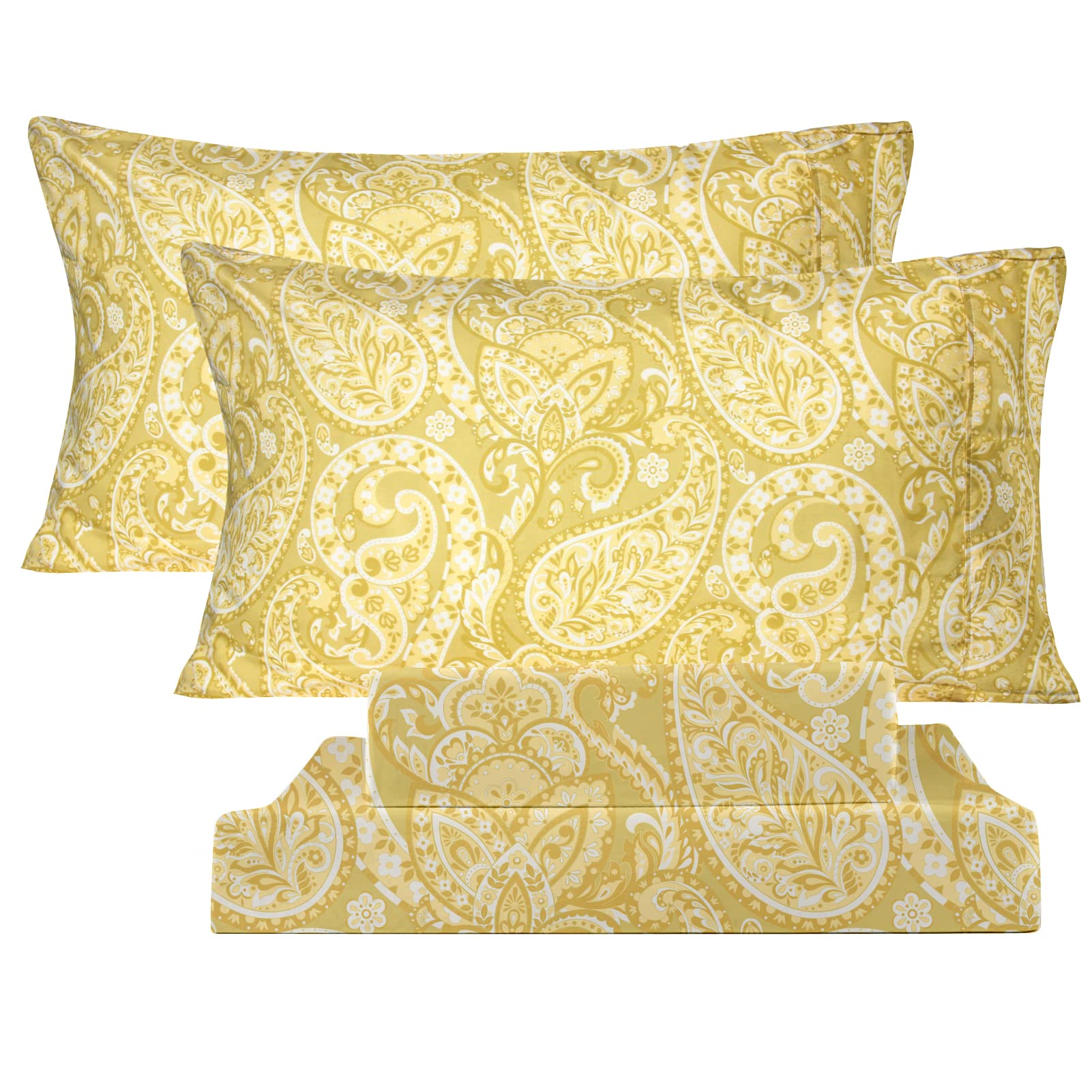 KACEMOO Queen Sheet Set, 4 Piece Yellow Paisley Sheets, 17" Deep Pocket Floral Pattern Sheets Queen, Soft Luxury Brushed Microfiber Bed Sheets, Easy Care Breathable Bedding Set