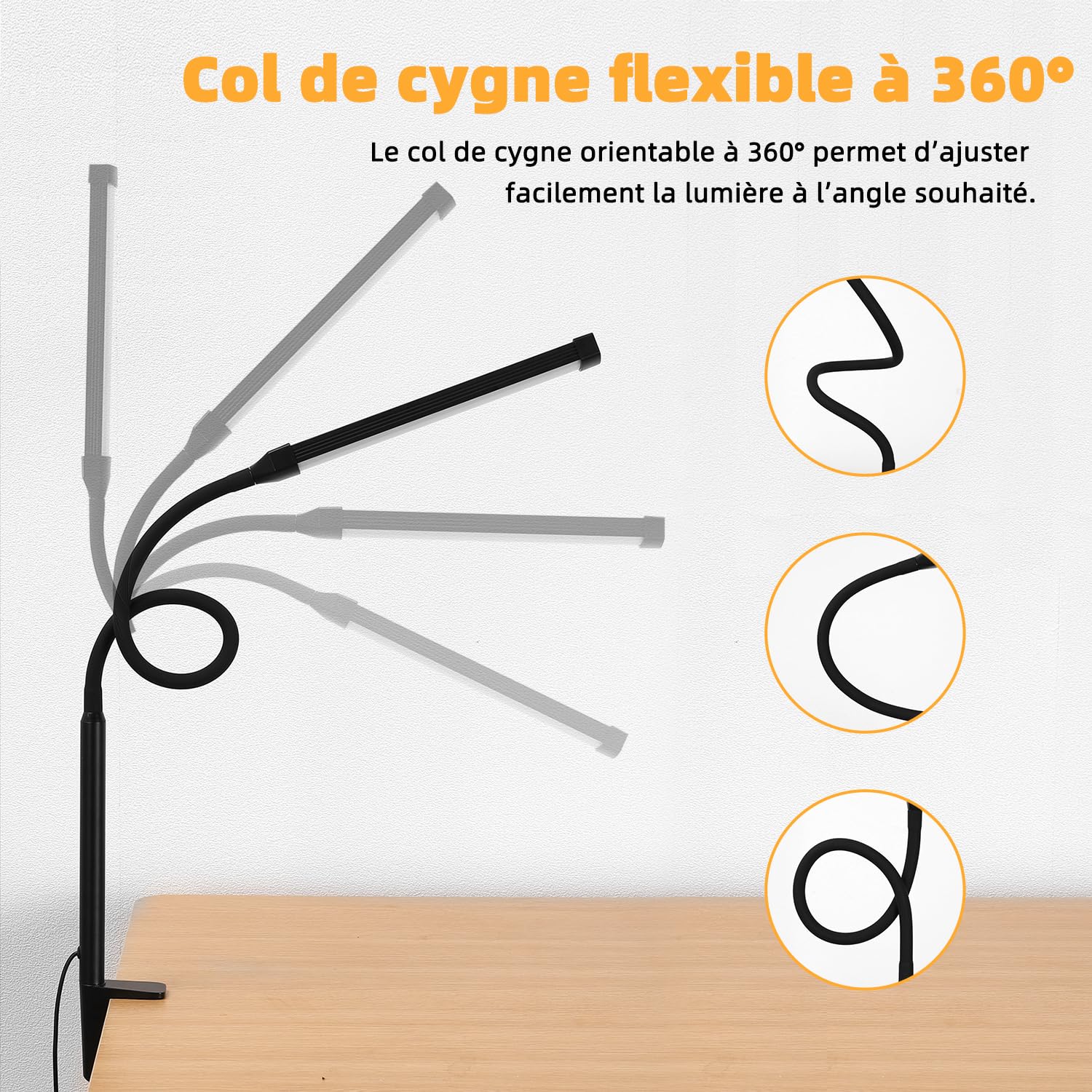 Lampe de bureau LED à pince – 3 modes de couleur et 10 niveaux de luminosité, lumière du jour, protection des yeux, lampe de lecture à col de cygne flexible – réglable à 360° – noir