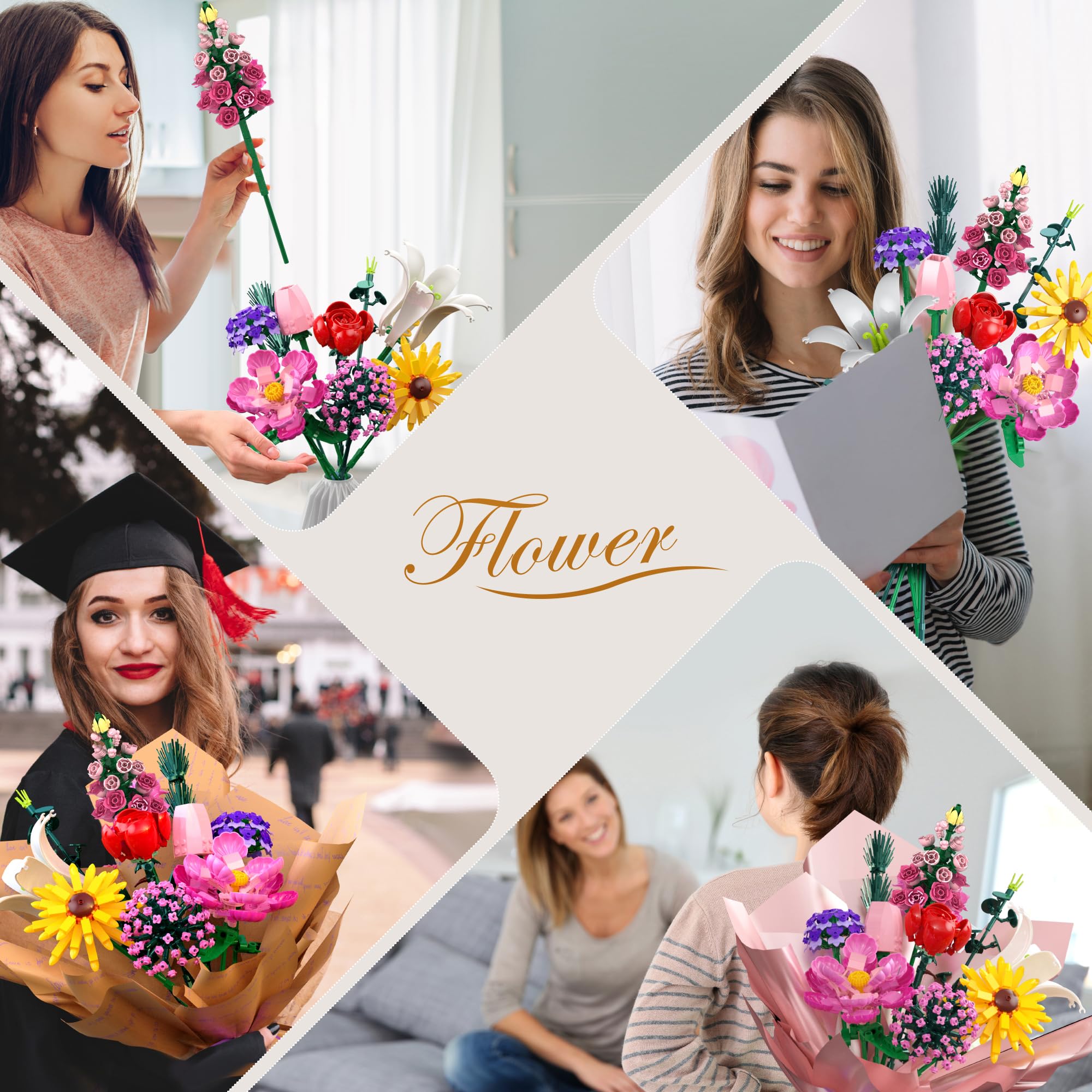 Kit de Construction Bouquet de Fleurs, 721 PCS 10 Flower Décoratives pour Bureau ou Maison, Cadeaux pour Noël Enfants 6+ Ans & Adultes, Fête des Mères, Saint-Valentin pour Homme ou Femme