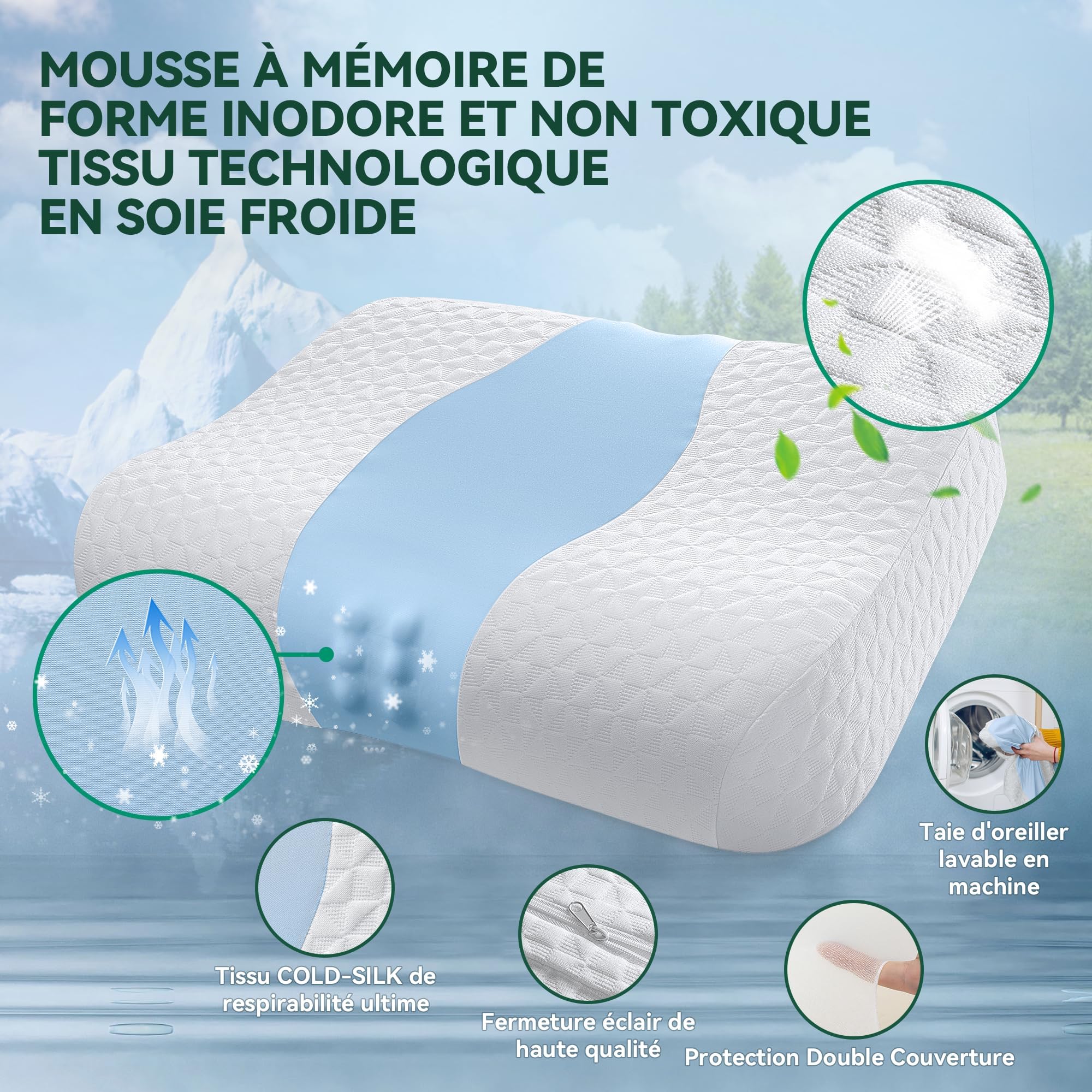 TESQ Cuscino in Memory Foam, Supporto Cuscino Cervicale Ergonomico, Testa e Spalle, Adatto per Dormire di Fianco, sulla Schiena o a Pancia in Giù, Federa Lavabile - Migliora il Comfort del Sonno