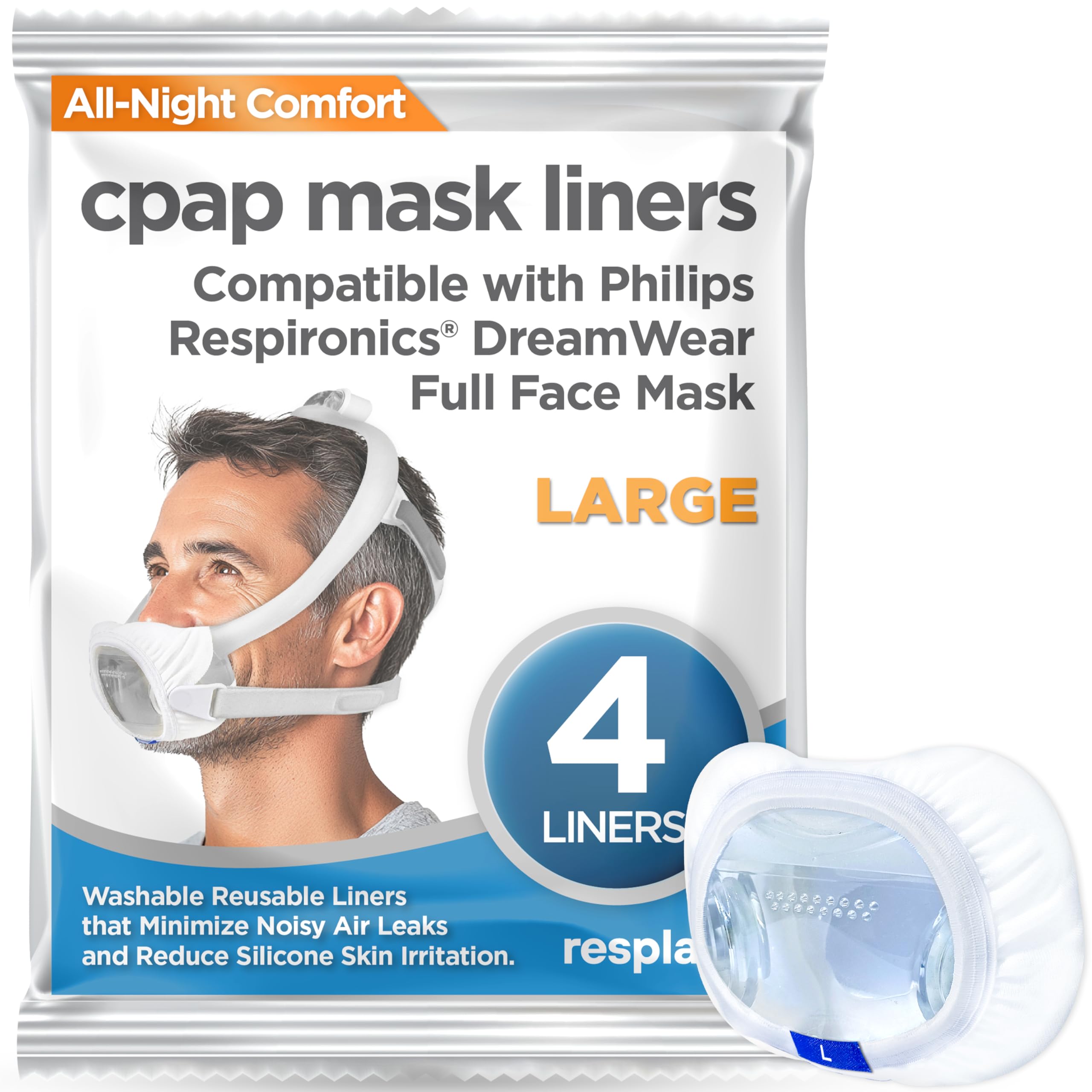 resplabs CPAP Mask Liners - Compatible with Philips Respironics DreamWear Full Face Masks, Large - Reusable, Washable Cushion Covers - 4 Liner Pack