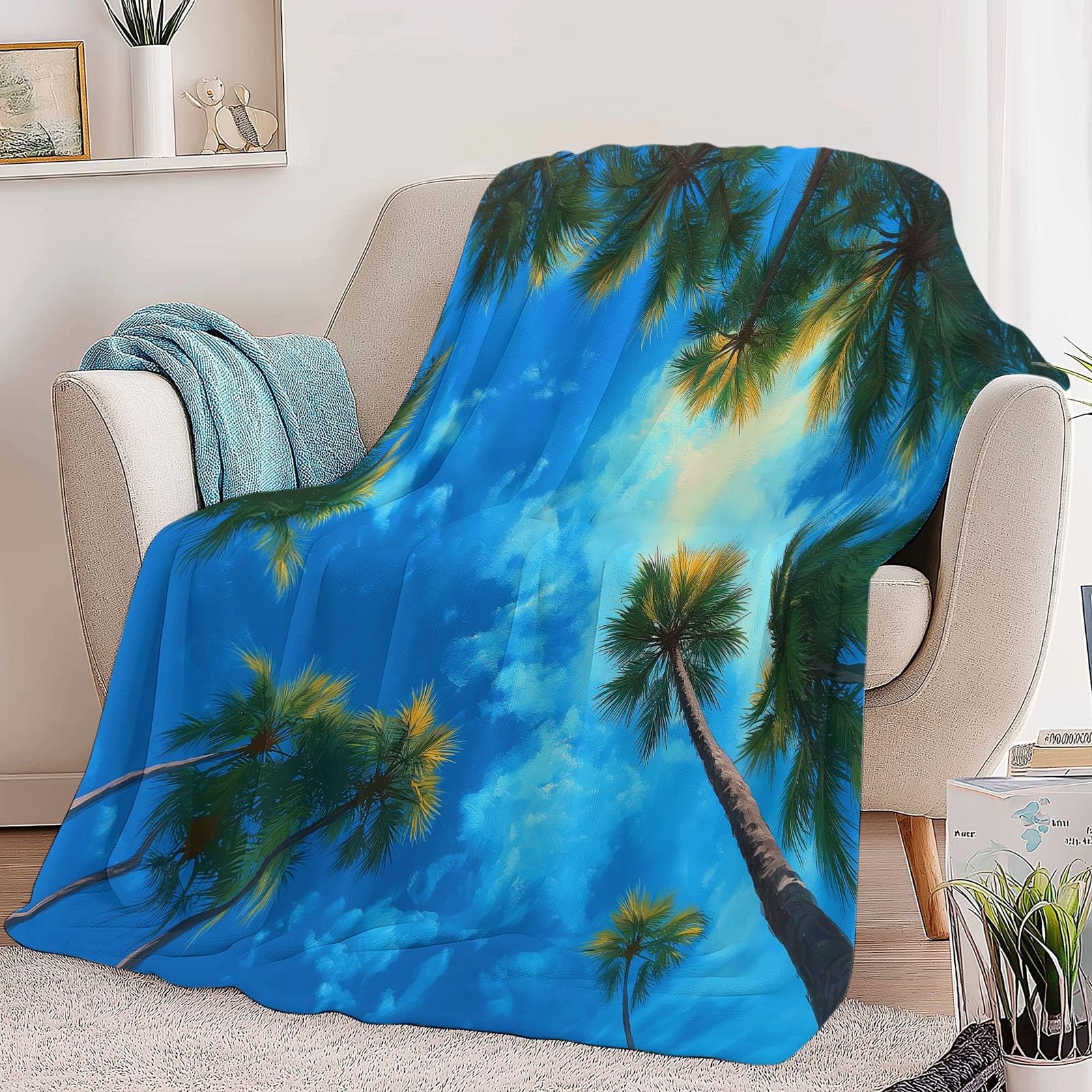 Coperta Plaid Pile in Flanella 180x220 cm Coperta Pile Piccola Tropicale Palme Cielo, Morbida Soffice Calda Coperte per Divano Singolo Matrimoniale Letto Blu