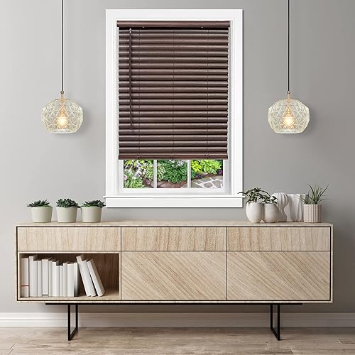 Ergode GII Luna - Persiana de vinilo inalámbrica de 2 pulgadas, duradera y elegante, textura de grano de madera, varita de elevación e inclinación
