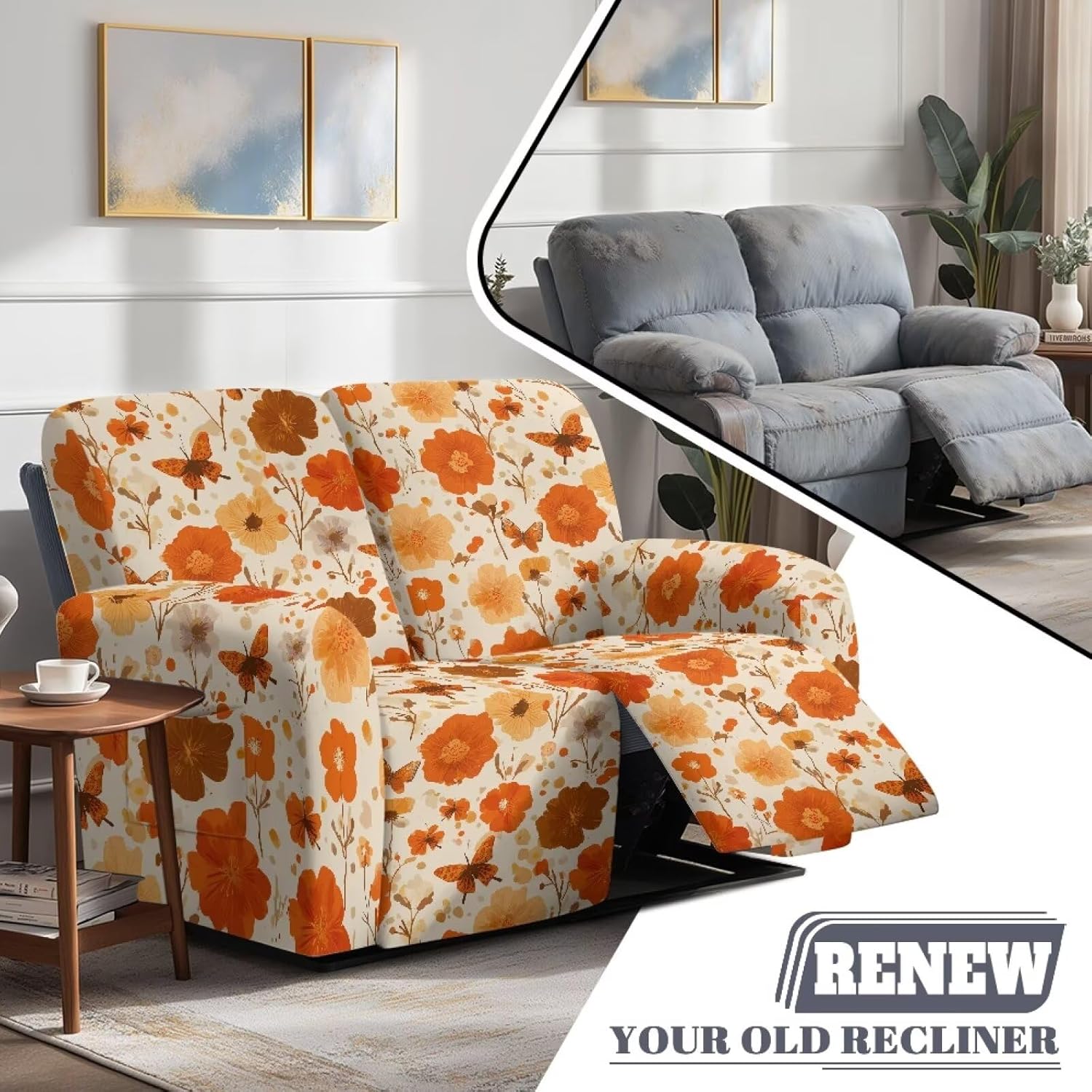 Suobstales Butterfly Flower Print Loveseat Recliner Slipcover 6 Pieces Stretch Recliner Sofa Cover for 2 Seat Reclining Loveseat Couch, Furniture Protector with Elastic Bottom