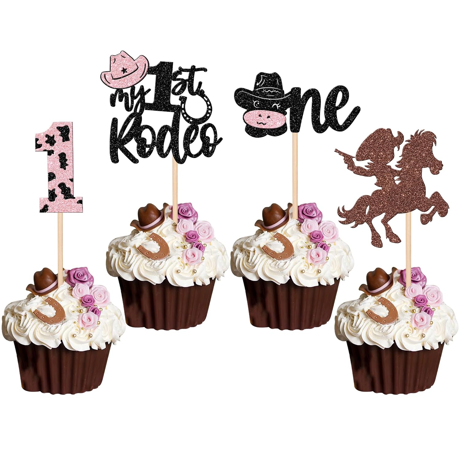 24 PCS Cowboy 1st Birthday Cupcake Toppers Glitter Hat Cowboy One My ...