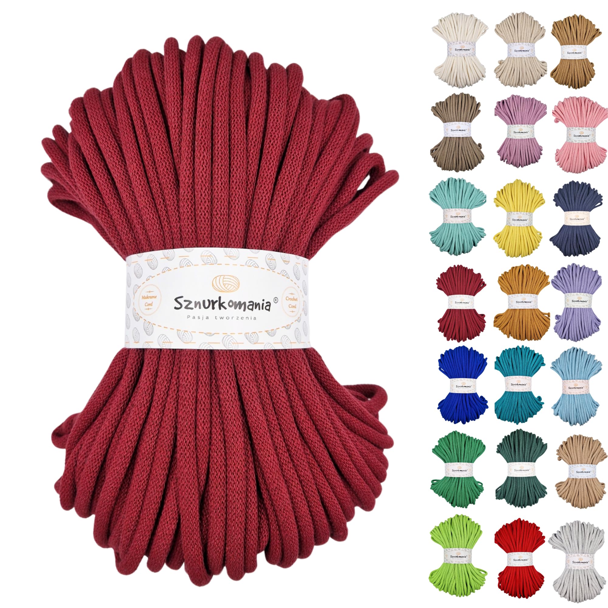 Sznurkomania, Cotton Cord 9mm 50m, Many Colors, Macrame Yarn, Cotton Yarn, Braided Cotton Cord 9mm with Core, Crochet Cord, Crocheted Bag (Claret)