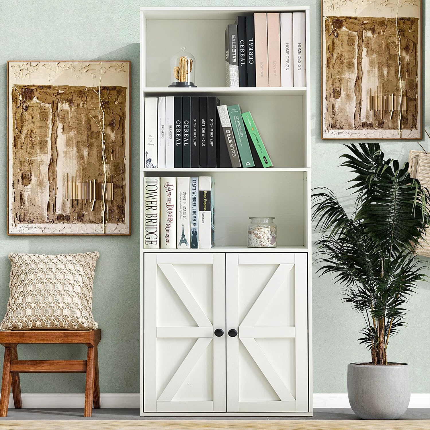 Stabrech White 5-Tier Bookshelves for Living Room, Farmhouse Tall Bookcase with Doors, Wooden Bookshelf with Storage Cabinet and Shelves for Living