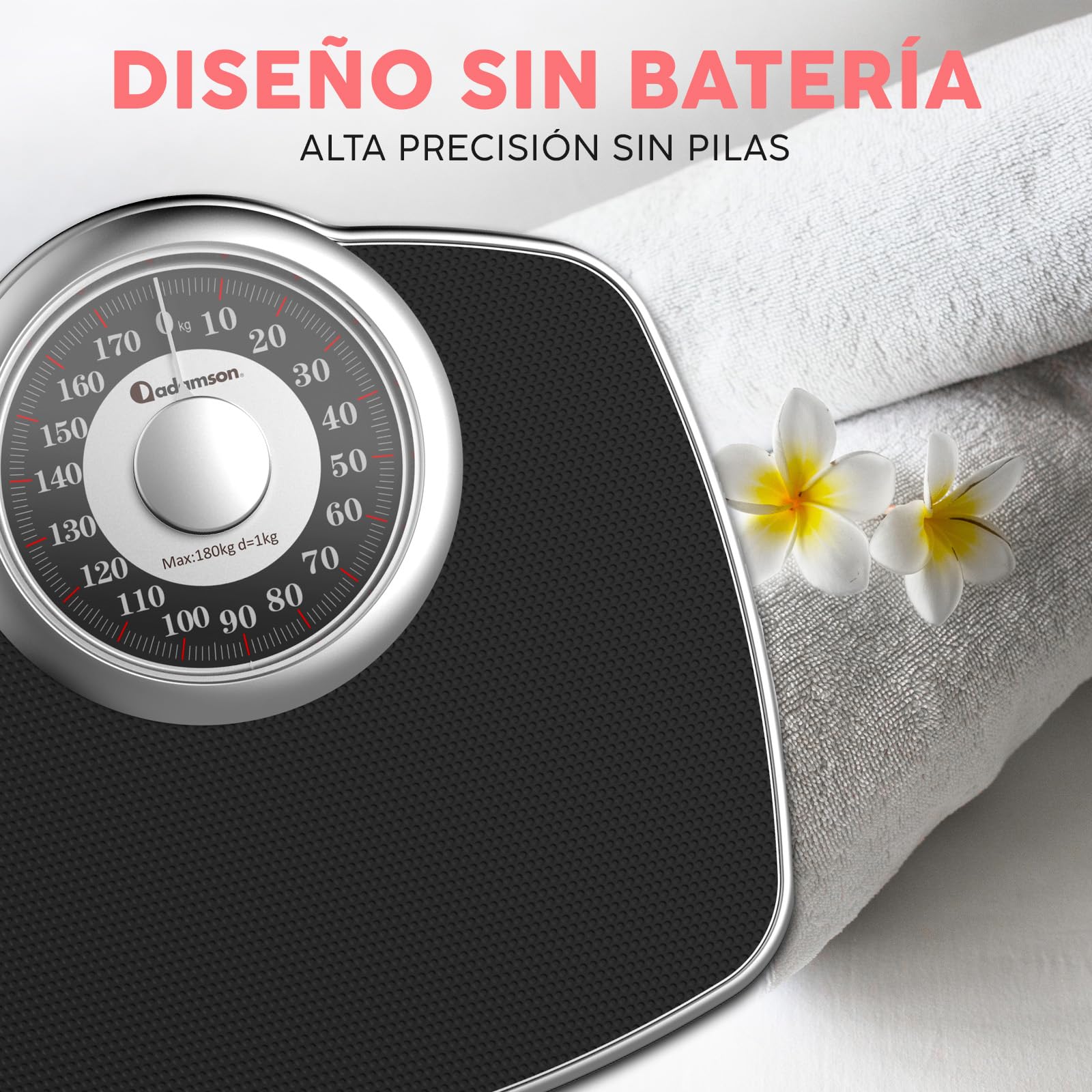 Adamson A25 Báscula Para Peso Corporal - Hasta 180 KG - Esfera de 5,3” en Plataforma de 31x30 CM - Superficie de Goma Antideslizante - Báscula de Baño Analógica - Garantía de 20 Años - Plata
