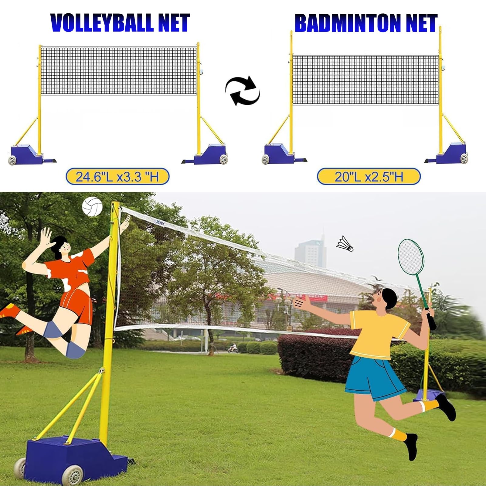 Support de Filet et Ballon de Volley-Ball Robuste avec Hauteur de Filet réglable (1,56 m - 2,07 m) | Bâton de Volley-Ball Portable pour Jardin avec Base et Roues, adapté à Une Utilisation in