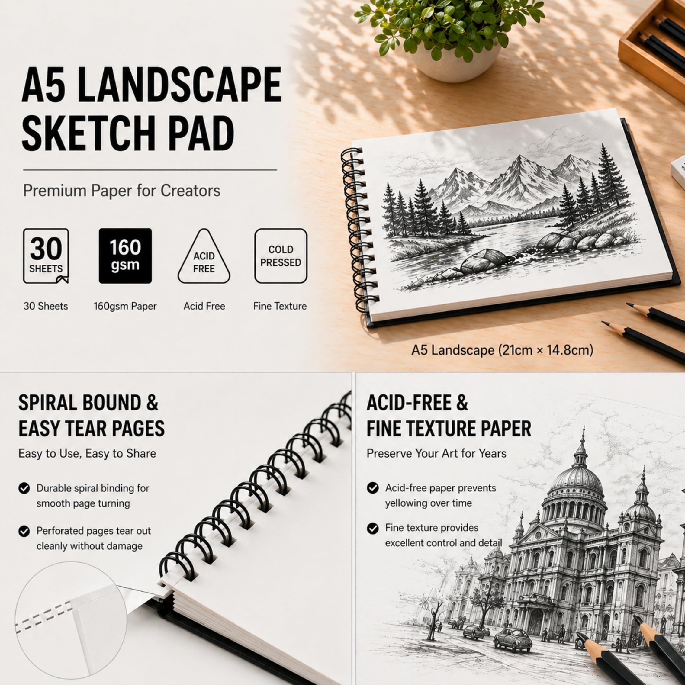 Artme Bloc de bocetos A5, 2 piezas, 30 hojas (160 g/m²), cuaderno de bocetos encuadernado en espiral