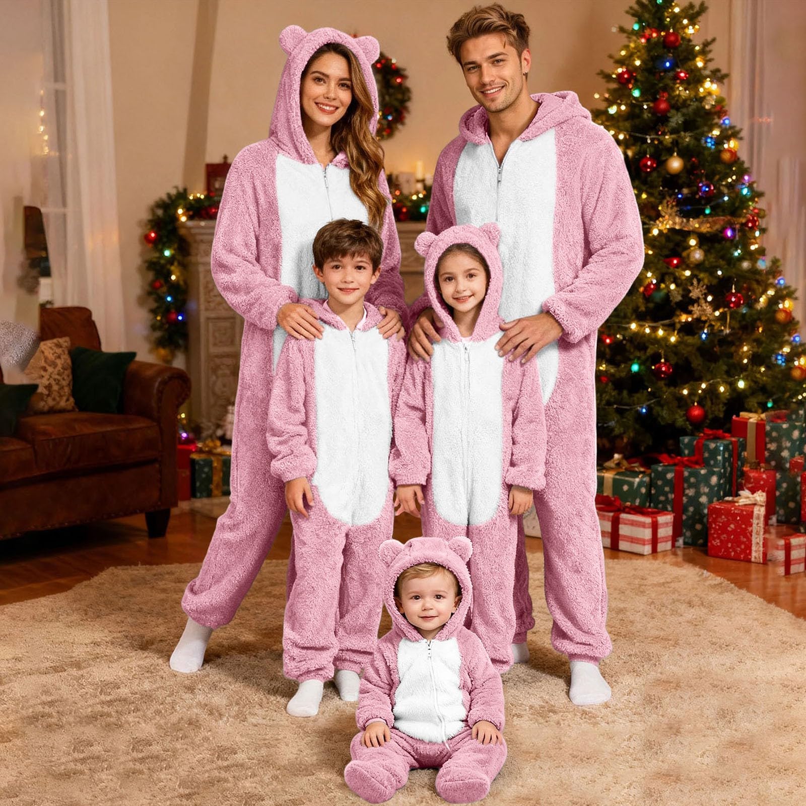 Mono de Navidad de peluche, pijama de animal con orejas de oso, capucha, disfraz de animal, para adultos, pijamas a juego, pijama familiar, pijama de una pieza, mullido, mono de forro polar