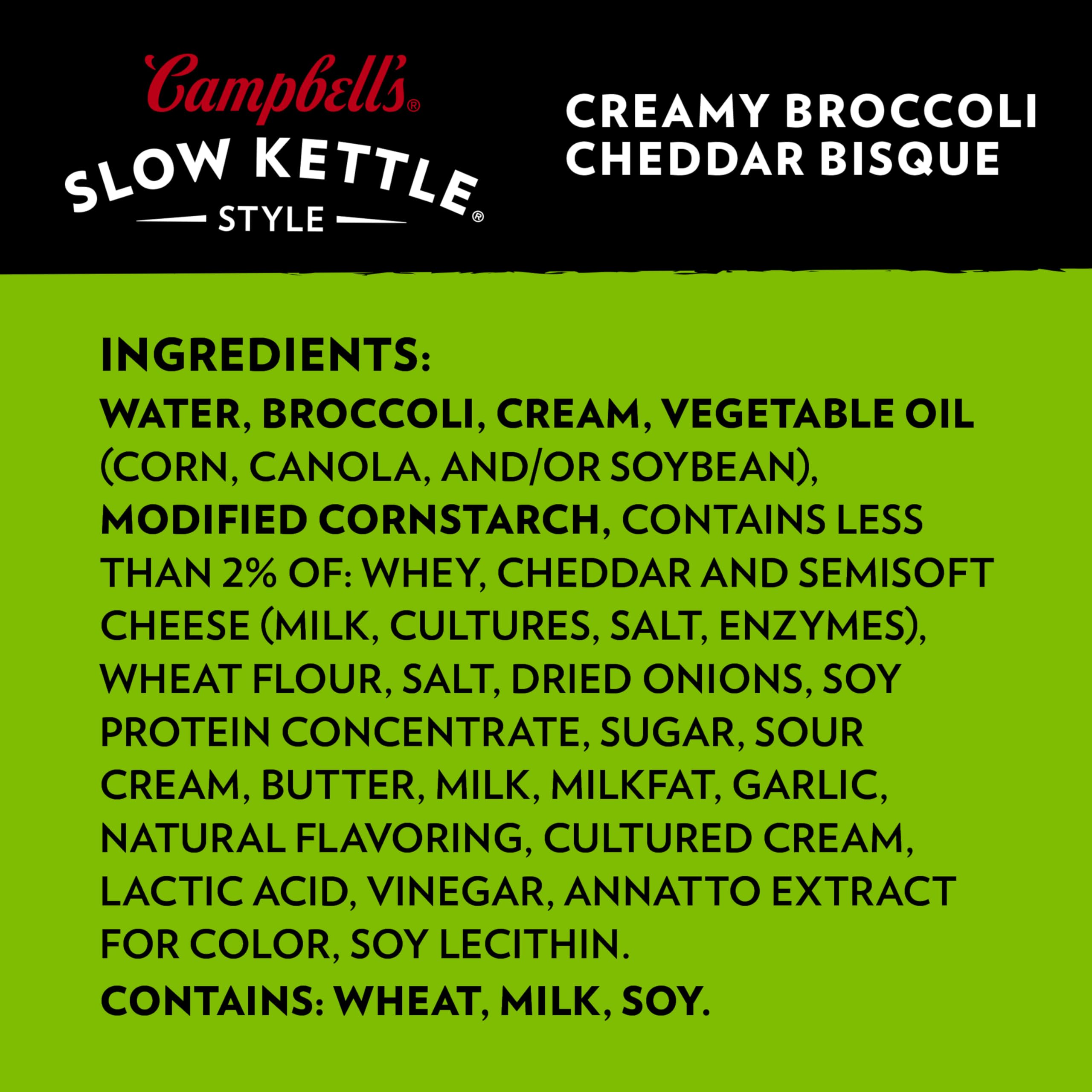 Campbell's Slow Kettle Style Creamy Broccoli Cheddar Bisque, 15.5 oz Microwavable Bowl (Case of 8)