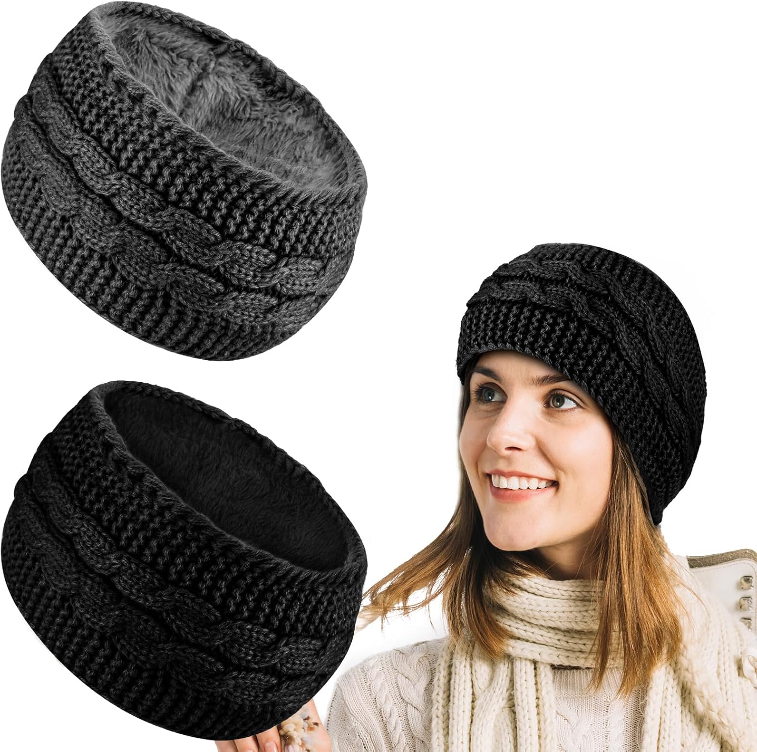 Abeillo 2Pcs Winter Headbands for Women, Thick Fuzzy Fleece