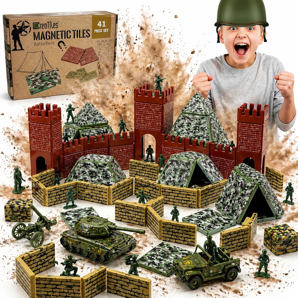 Military Battlefield Base Magnetic Tiles Building Blocks - Army War Themed Playset for Imaginative Military Building and Learning - STEM Education Toy WW1 WW2 - Great Birthday Gift for Boys