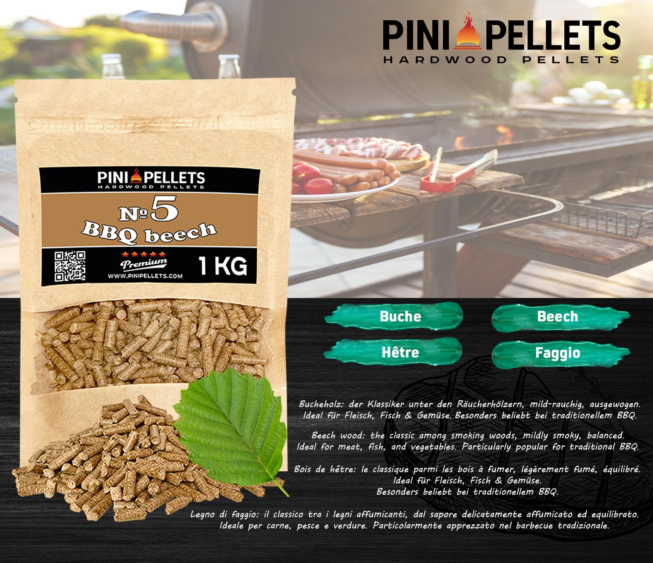 PINI Lot de 4 granulés de bois naturel pour fumoir, 1 kg, au choix parmi 4 variétés, granulés de hêtre n° 5, granulés de cerise n° 8, granulés de pomme n° 9, granulés d'aulne n° 11 – Bois pur de