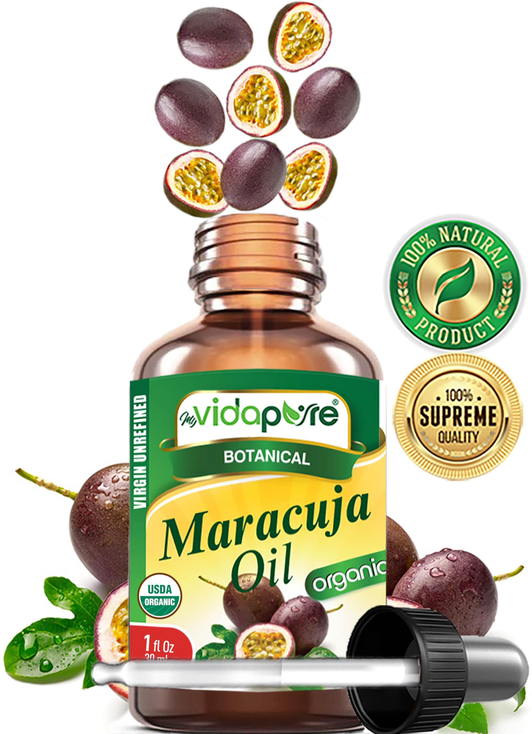 MYVIDAPURE Organic MARACUJA OIL Passion Fruit Certified Organic 100% Natural, Pure WILD GROWTH VIRGIN UNREFINED Brazilian. 1 Fl.oz.- 30 ml. For Skin, Face, Hair, Lip and Nail Care