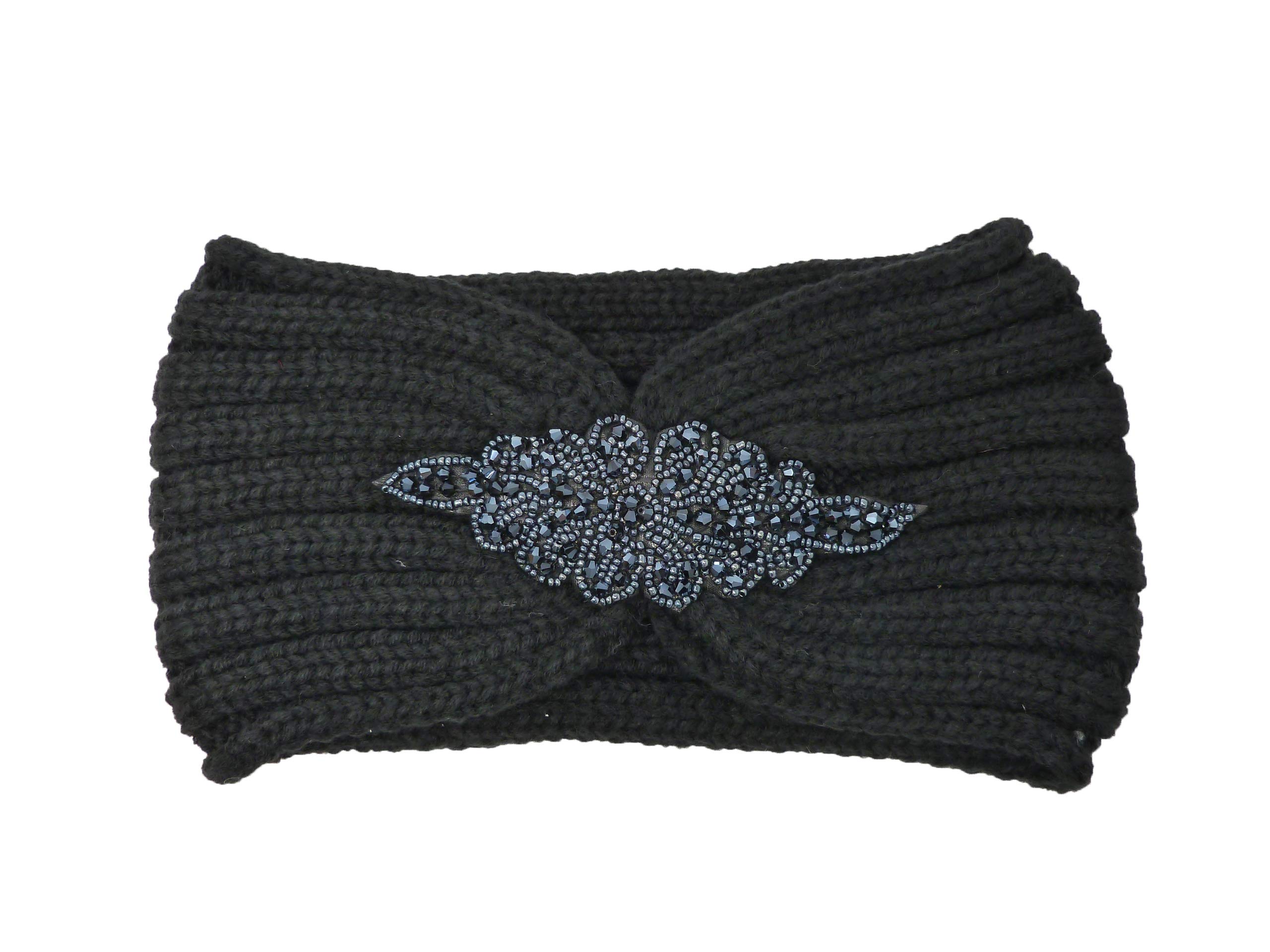 Women's Winter Soft Warm Knit Head Band Ear Warmer Head Wrap (Flower Beaded- Black)