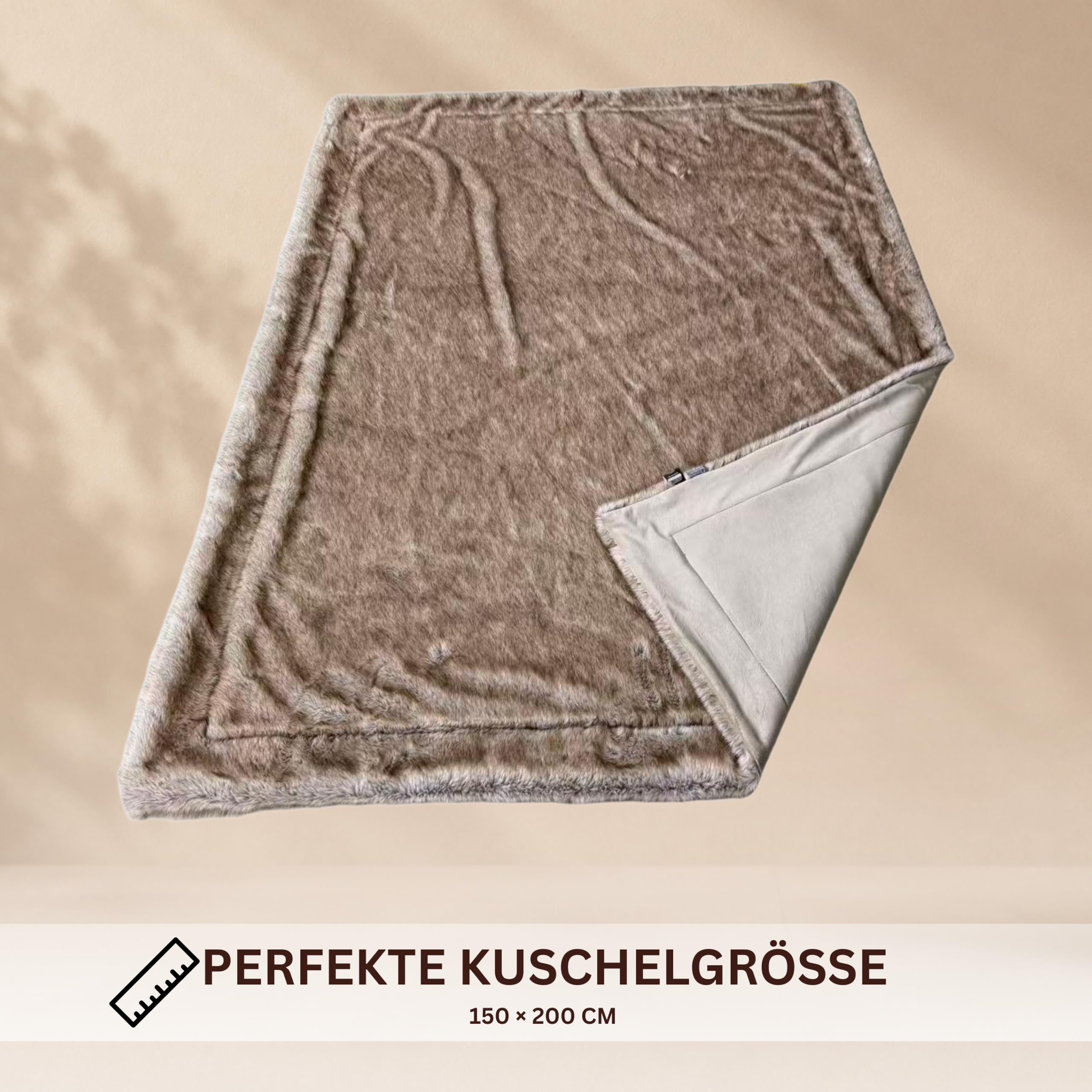 Felldecke, Kuscheldecke Flauschige Pelzdecke, Wendedecke Felloptik, XXL Überwurf für Sofa & Bett, hochwertig rustikale Tagesdecke (Braun/Wolf/Simba, 150 x 200 cm)