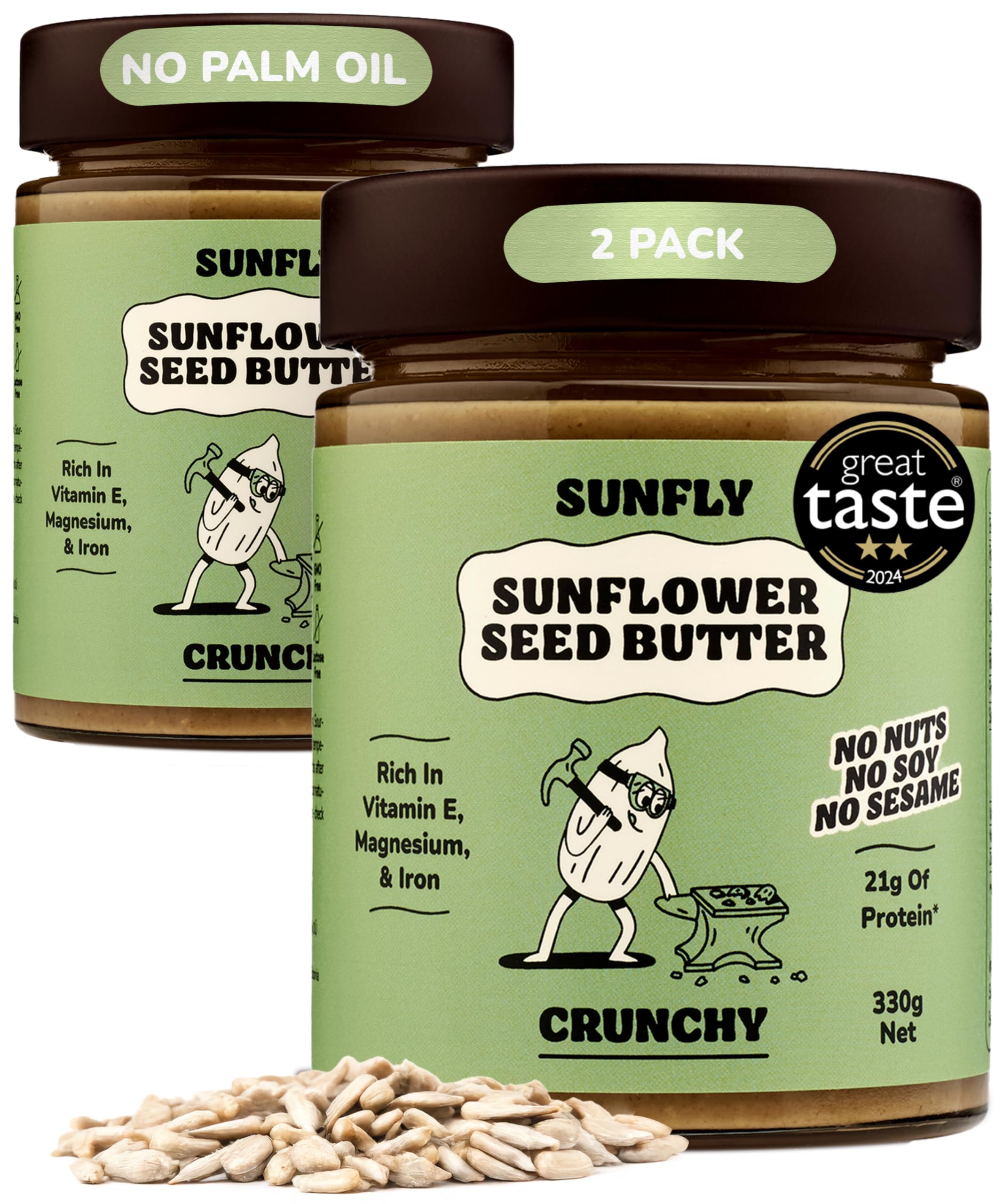 SUNFLY Crunchy Sunflower Seed Butter – Nut-Free, Vegan, High-Protein Spread - Top 14 Allergen-Free, No Palm Oil, No Soy, Plant-Based Peanut Butter Alternative - With Vitamins & Minerals - 2x330g