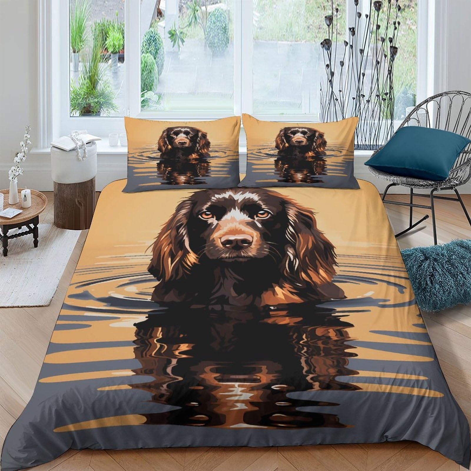 3D Printed Dog swimming Quilt Cover Polyester Vector art style Bed Cover Hypoallergenic Shrink Resistant for Young Adults Rental Apartment Bedroom Use King（220x240cm）
