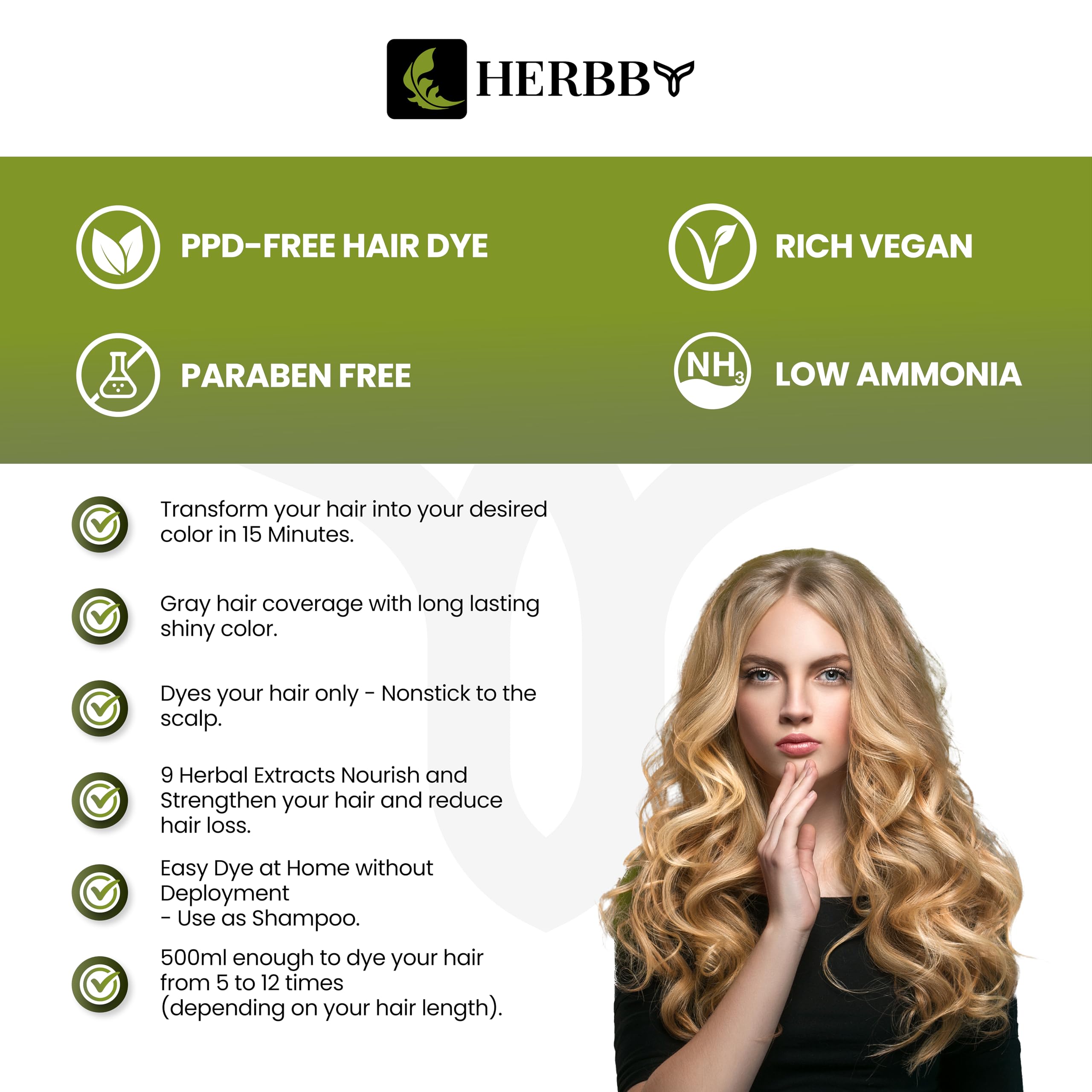 HERBBY Champ Hair Dye szampon do włosów siwych z 9 ekstraktami ziołowymi, długa żywotność (6-8 tygodni), jasny, jednolity kolor, natychmiastowy kolor