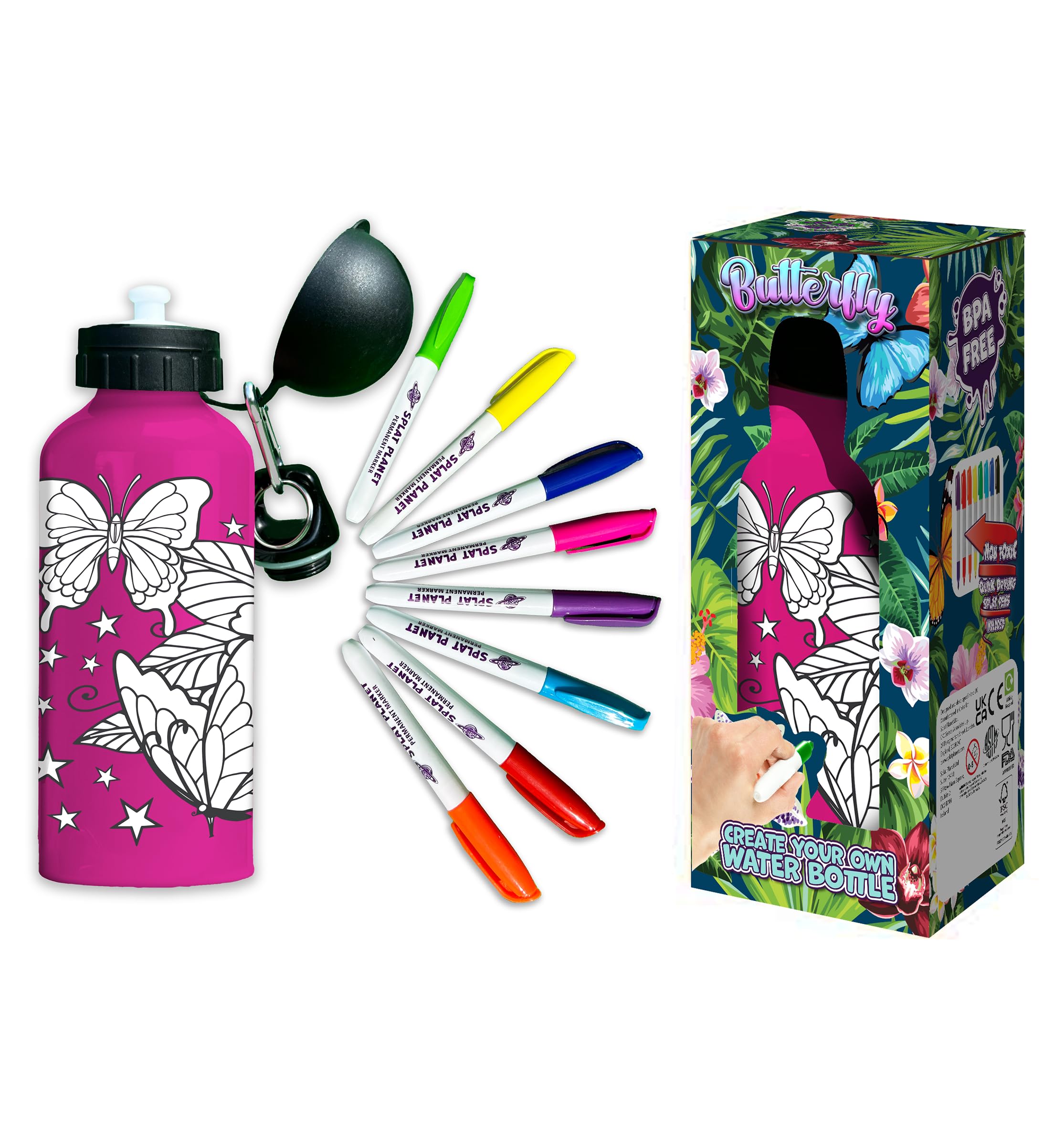 Splat Planet Décore ta propre Gourde, colorie-la ! Cadeau Pour Enfants, Gourde 600 ml (Papillon)