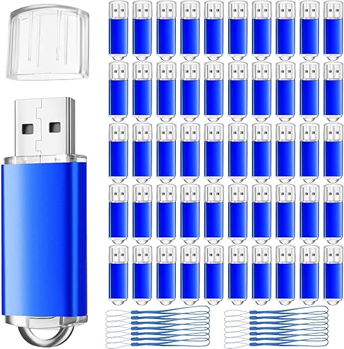 Hoteam Paquete de 50 unidades flash USB 2.0 a granel, unidades de lápiz azul portátiles, unidad de pulgar con sombrero, memorias USB a granel con 50