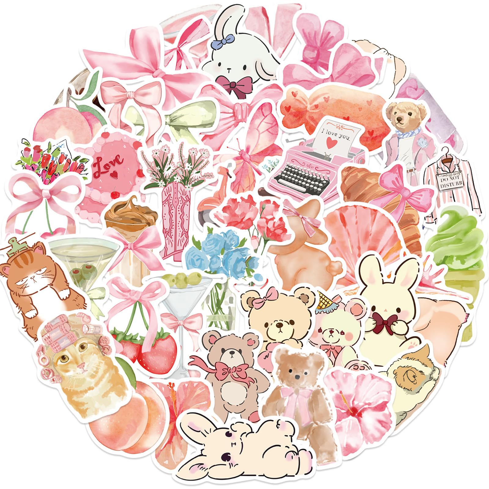 50PCS Coquette Aesthetic Stickers, Pink Bowknot Graffiti, Valentine Day Gift for Girls, Water Bottles Laptop Decal, Pink Hand Drawn Decoration,