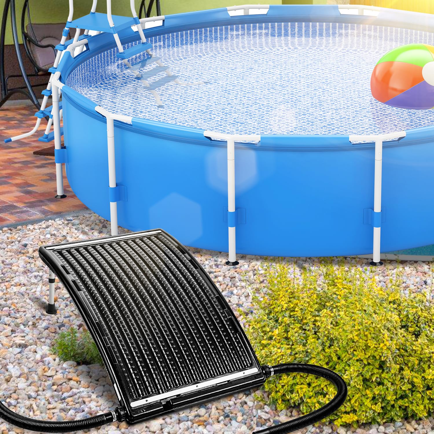 2026 Upgrade: 1-Pack Solar Poolheizung, Vierstufig Höhenverstellbare Stützfüße, Poolheizung Solar für Aufstell- und Einbaubecken, inklusive Adapter*2, Schläuche*2, Klemmen*2 und Dichtungsbänder*2