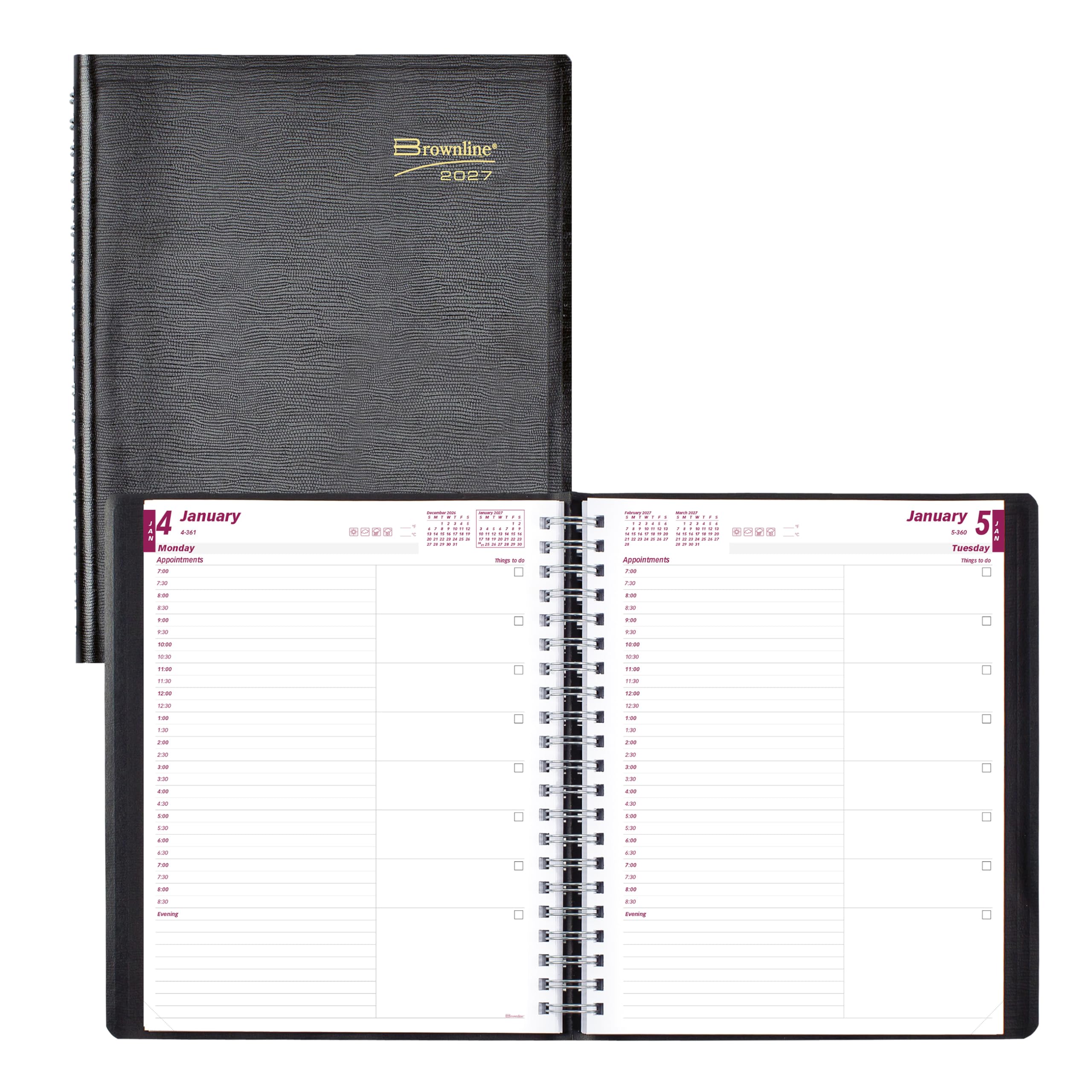 Brownline® Agenda giornaliera 2027, agenda giornaliera 12 mesi, da gennaio a dicembre, rilegatura a doppio filo, 28 x 21,6 cm, nero (CB965.BLK)