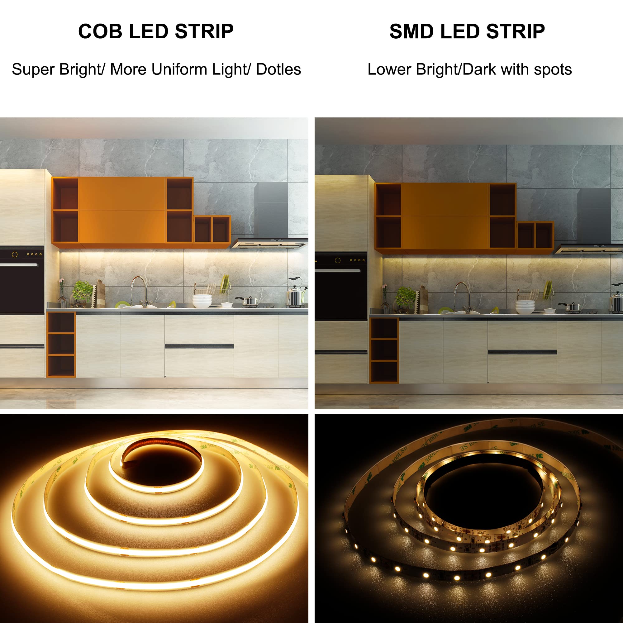 TTWAY Striscia LED COB 10 Metri 2700K, DC24V Strisce LED con 384LED/M, CRI 90+, larghezza 8 mm, LED Striscia Bianco Caldo per la decorazione della camera da letto (alimentatore non incluso)