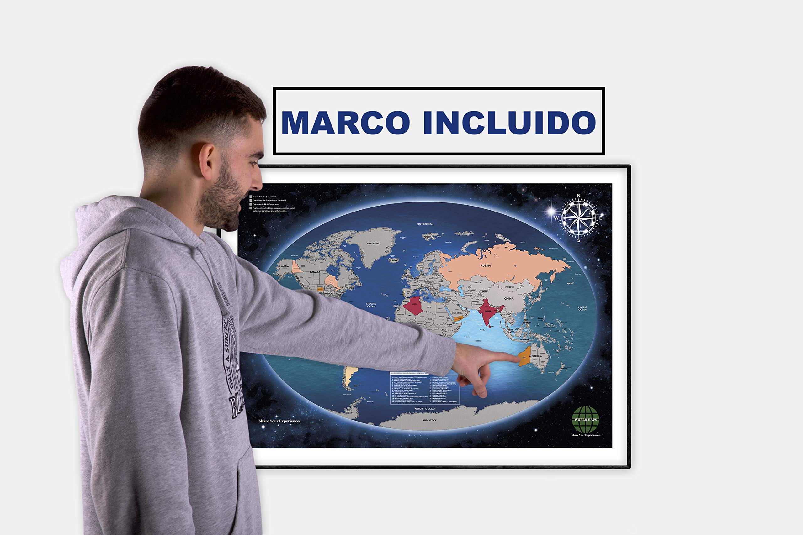 Mapa Mundi Rascar Grande Con Marco Incluido Para La Pared. Producto Español. Diseño Deluxe. Rasca Las Ciudades A Las Que Viajes.