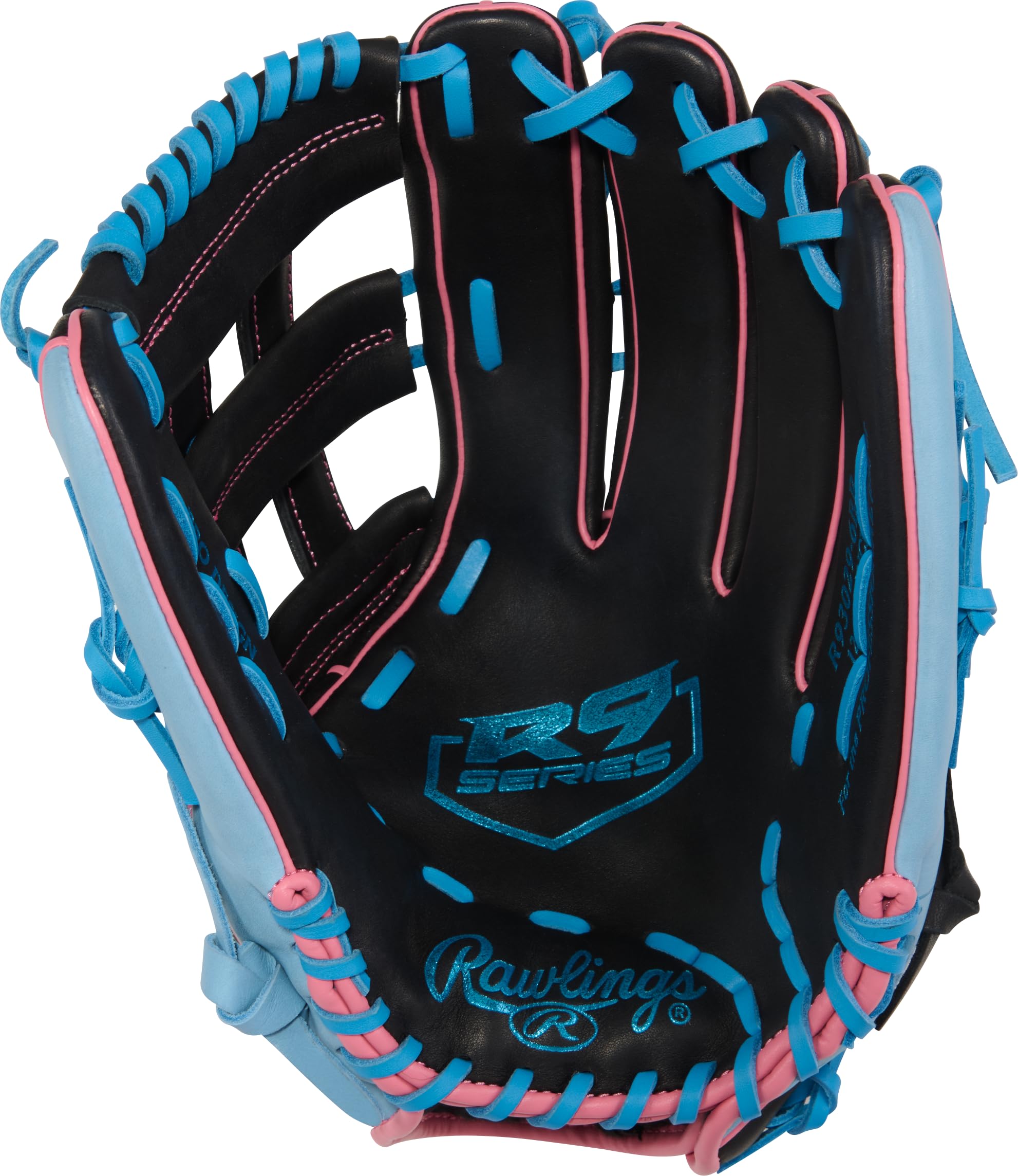 Rawlings | R9 Series Baseball Glove | 12.75" | Right Hand Throw | Black/Columbia Blue/Pink