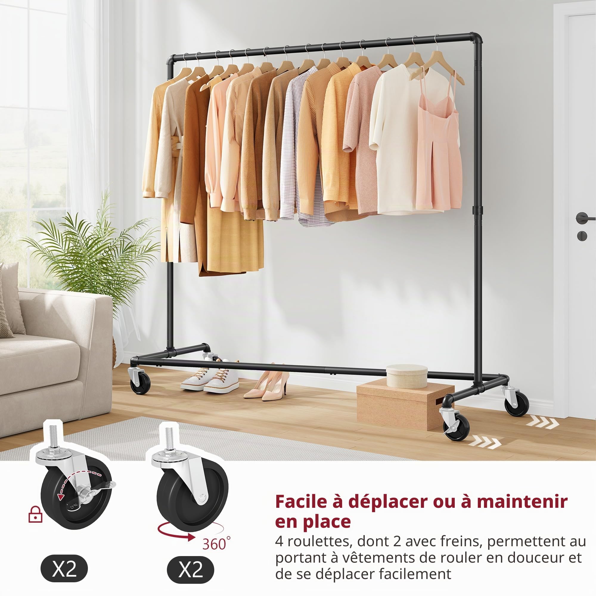 Tajsoon Lot de 2 porte-vêtements à suspendre en Z - Capacité de charge : 113 kg - Porte-vêtements industriels avec roulettes verrouillables - Organisation dans la chambre à coucher