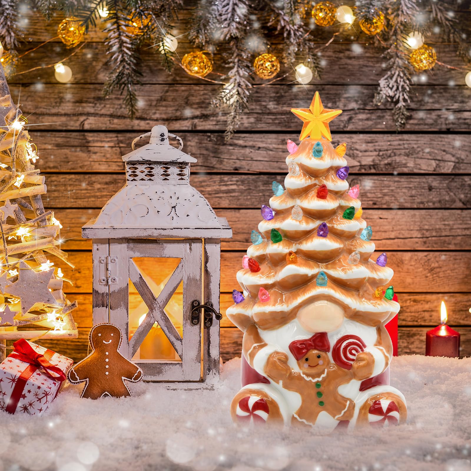 Décorations de Noël en forme de bonhomme en pain d'épices pour l'intérieur, nain de Noël lumineux en céramique, décoration de table de cuisine rustique, pour femme, famille, amie