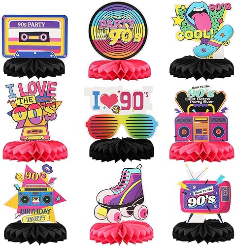 9 piezas de decoraciones de fiesta de los años 90, centros de mesa retro de panal de los años 90, centros de mesa de fiesta de regreso a los 90 para
