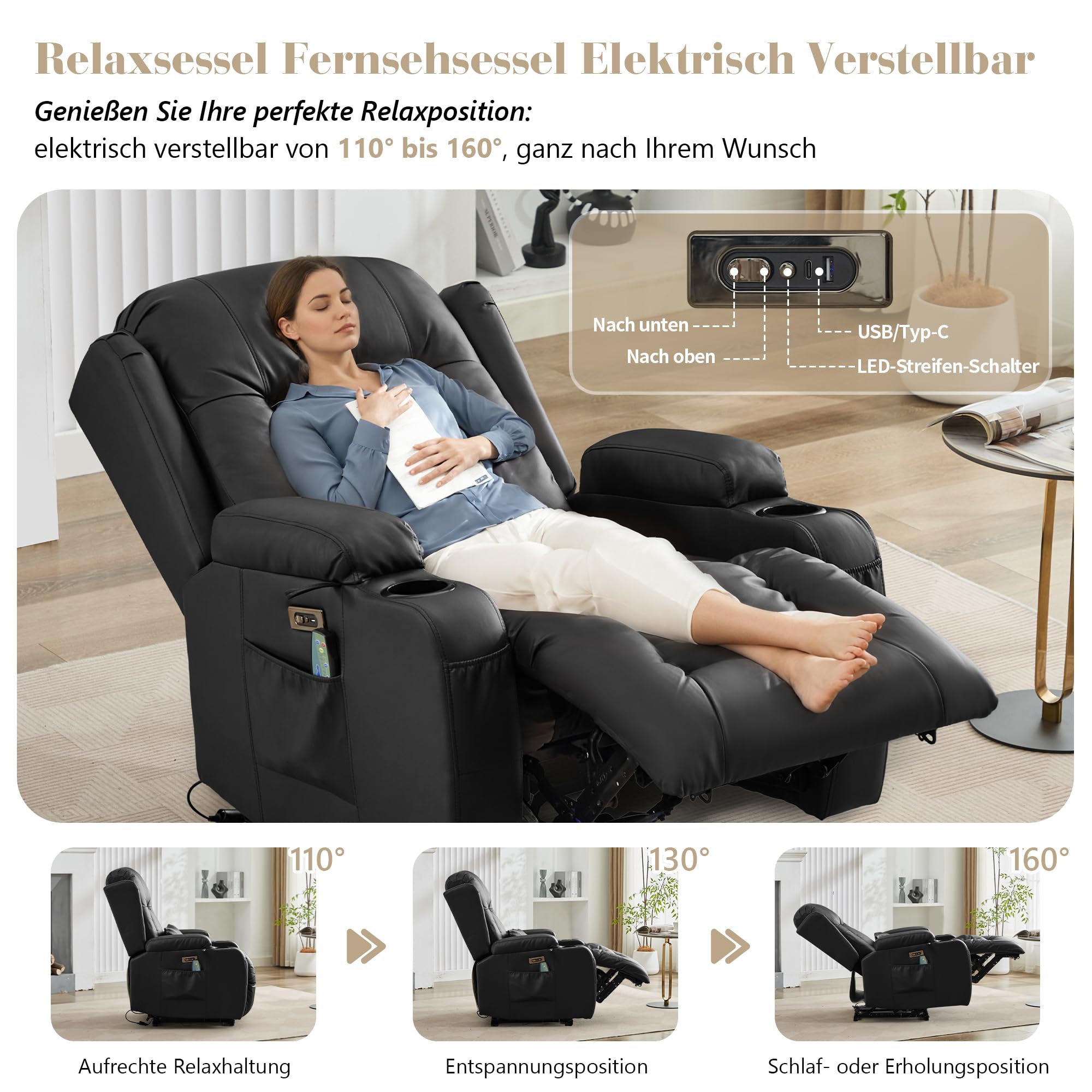 SAMERY Fernsehsessel Elektrisch Verstellbar Relaxsessel mit Liegefunktion,Massagesessel Vibration Heizung,Kunstleder TV Sessel Wohnzimmer Liegesessel Kinosessel 614 mit USB/LED,bis 150 kg (1, Schwarz)