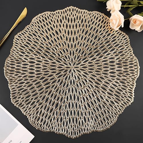 Mabbcoo Juego de 6 manteles individuales redondos dorados de 15 pulgadas, lavables, de vinilo, manteles individuales para mesa de comedor,