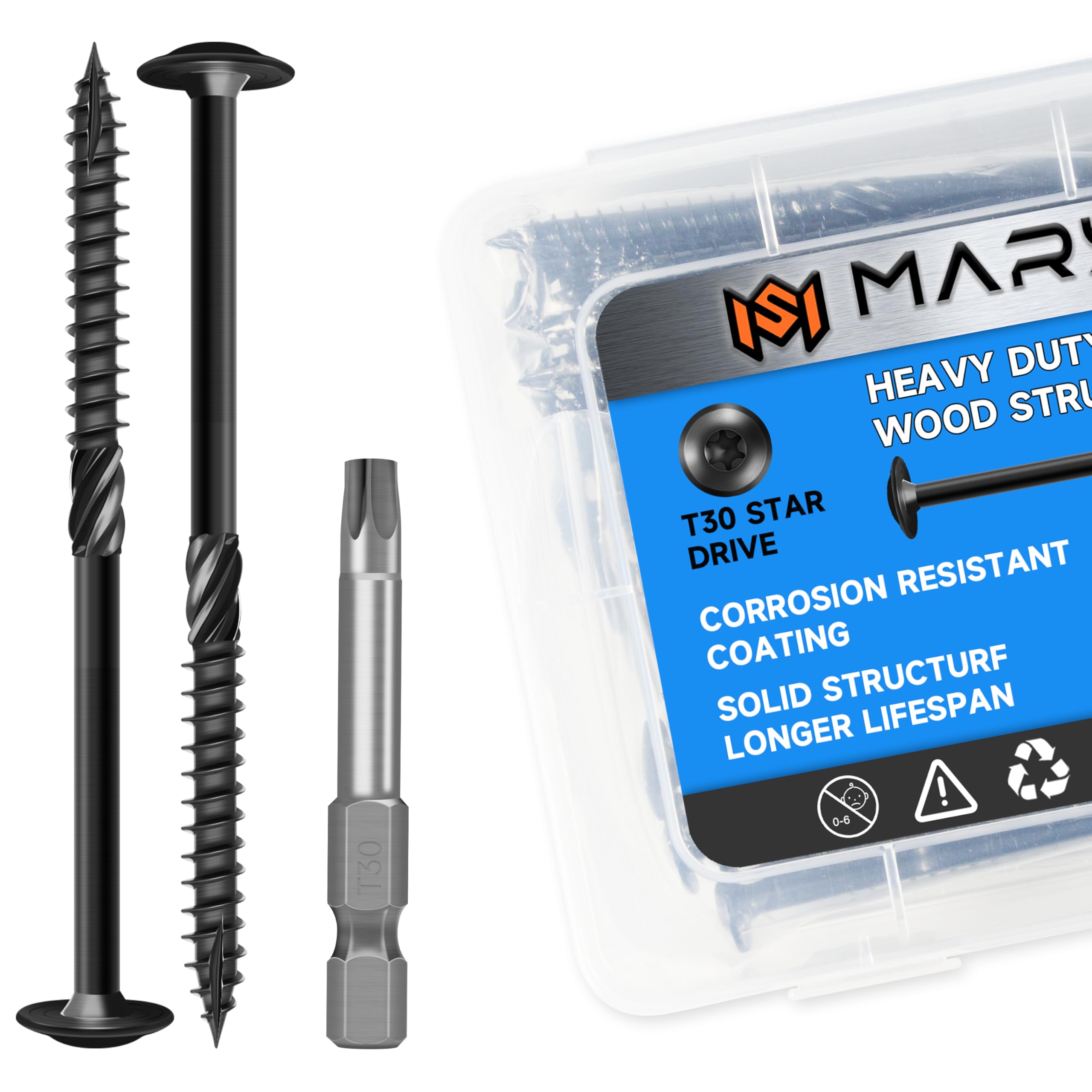 Marysino Lag Screws 5 Inch, Construction Wood Screw #14 x 5, 300-Pack Heavy Duty Self Driiling Structural Screws, Black Anti-Rust Coated Exterior Wood