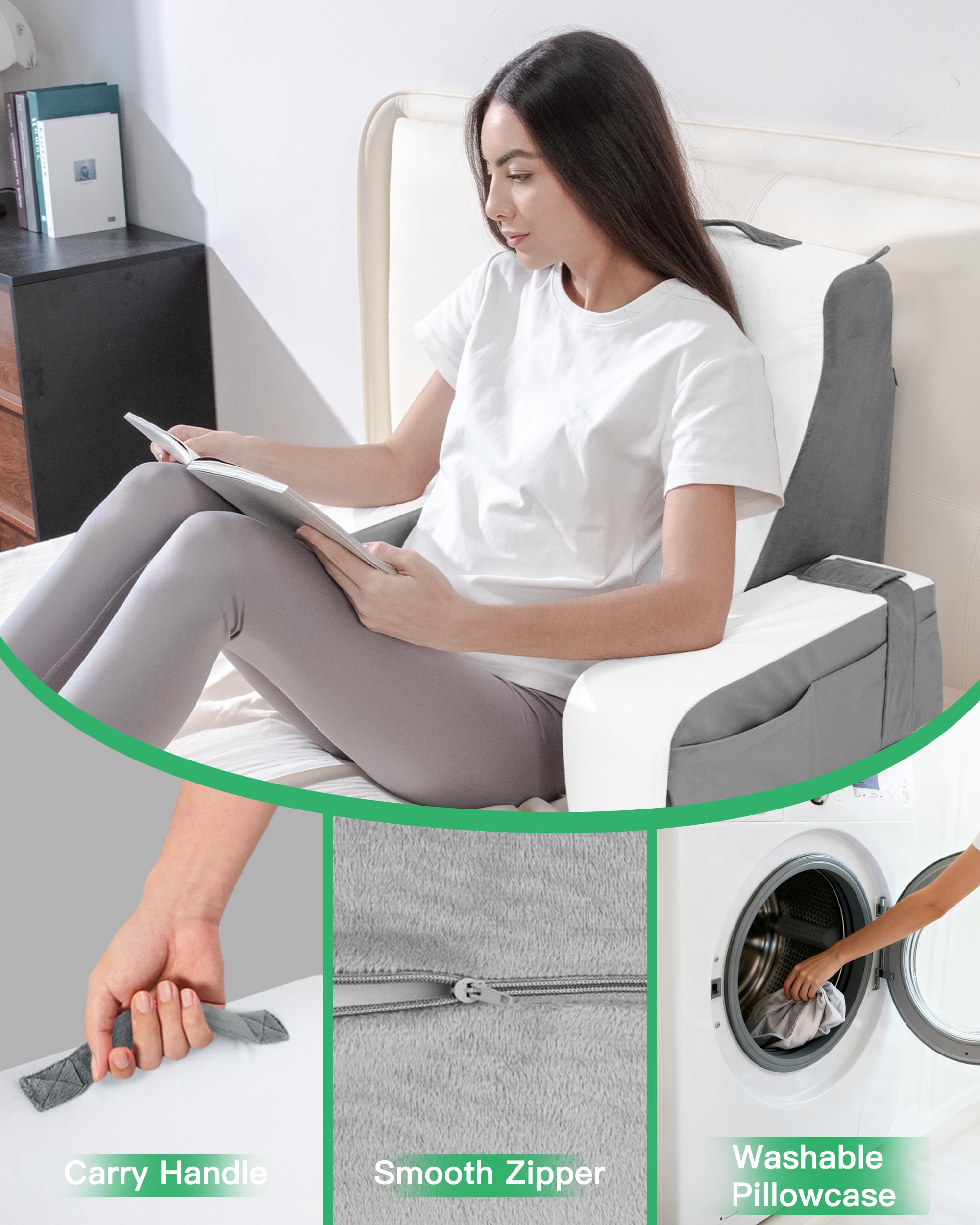 Lesekissen für Bett und Sofa, Bücherkissen mit Abnehmbarer Nackenrolle & Armlehne, Rückenkissen Bett, Wandkissen Multifunktions-Keilkissen zum Lesen, Arbeiten, Fernsehen