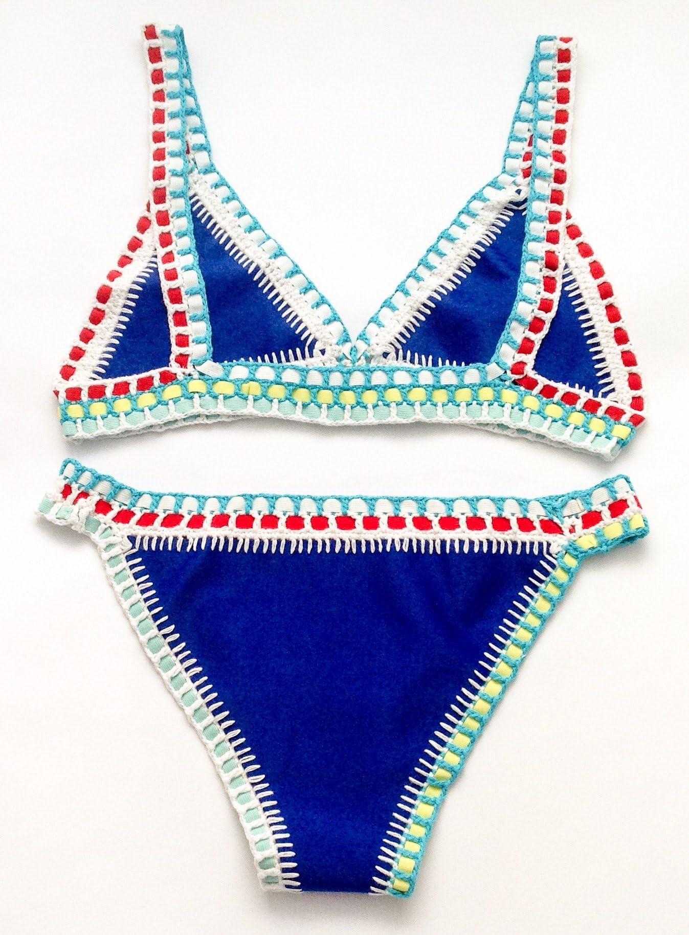Zest Direct UK Blue Neoprene Crochet Trimmed Embroidered Bikini Set Ladies Scuba Handmade Holiday Swimwear Beachwear (Medium - UK10)