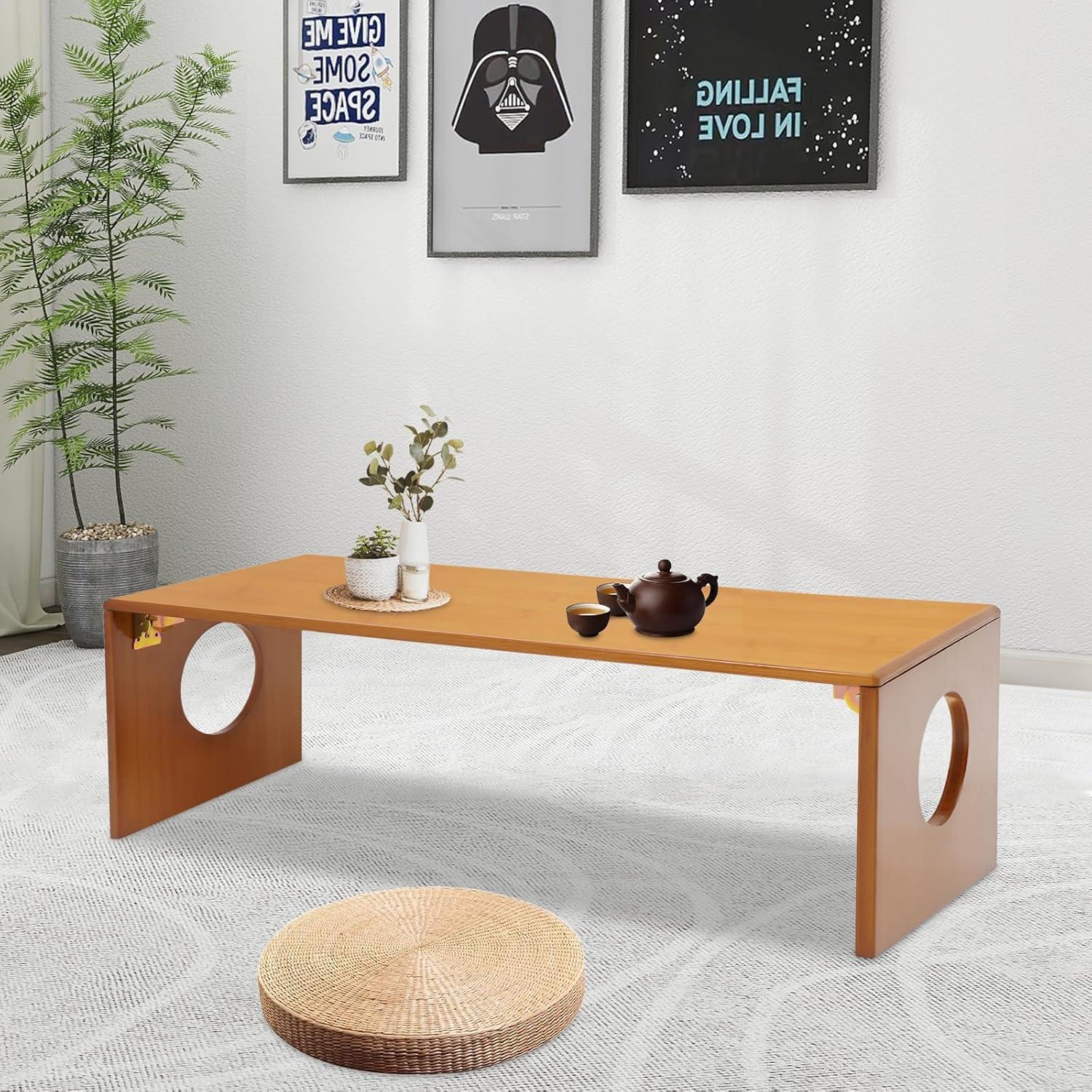 Eapmic 39.3in Folding Floor Coffee Table, Bamboo Low Japanese Floor Table, Portable Coffee Tables for Living Room Bedroom Meditation Tatami Home Office (39.3in)