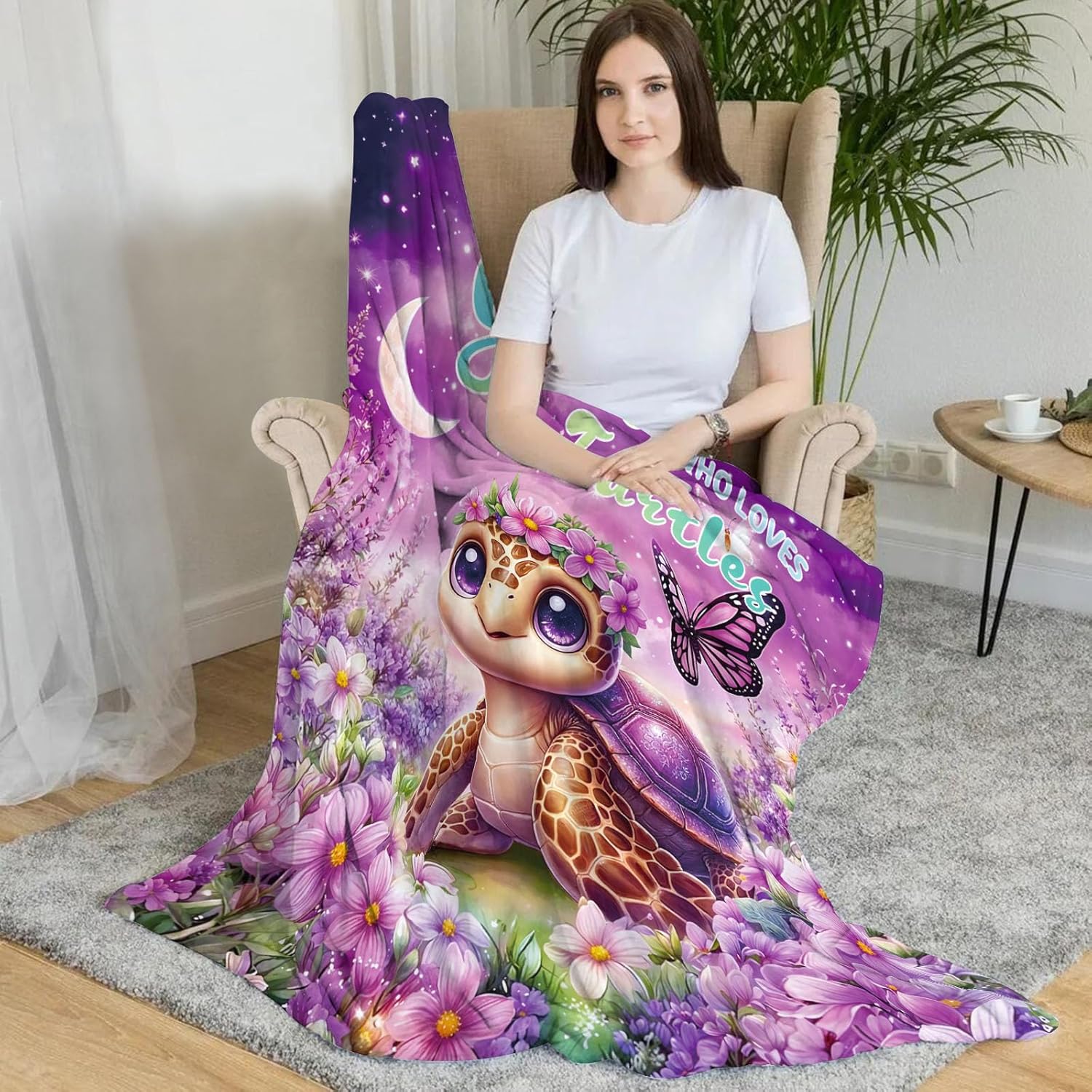Yeoiat Turtle Throw Blanket, Cute Blanket, Decorative Blankets for Sofa Couch Bed, Gift for Turtle Lover. Pink Purple 50×60 inches
