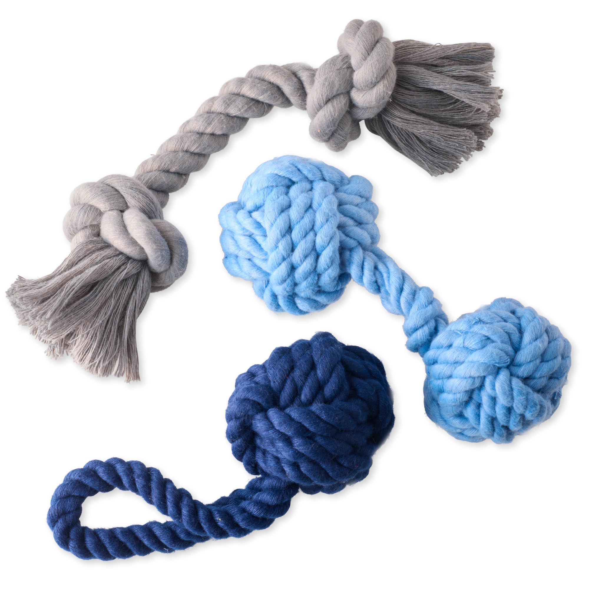 Pet Passion Paquete de 3 juguetes de cuerda de algodón orgánico para todas las razas de mascotas, color azul degradado, talla única