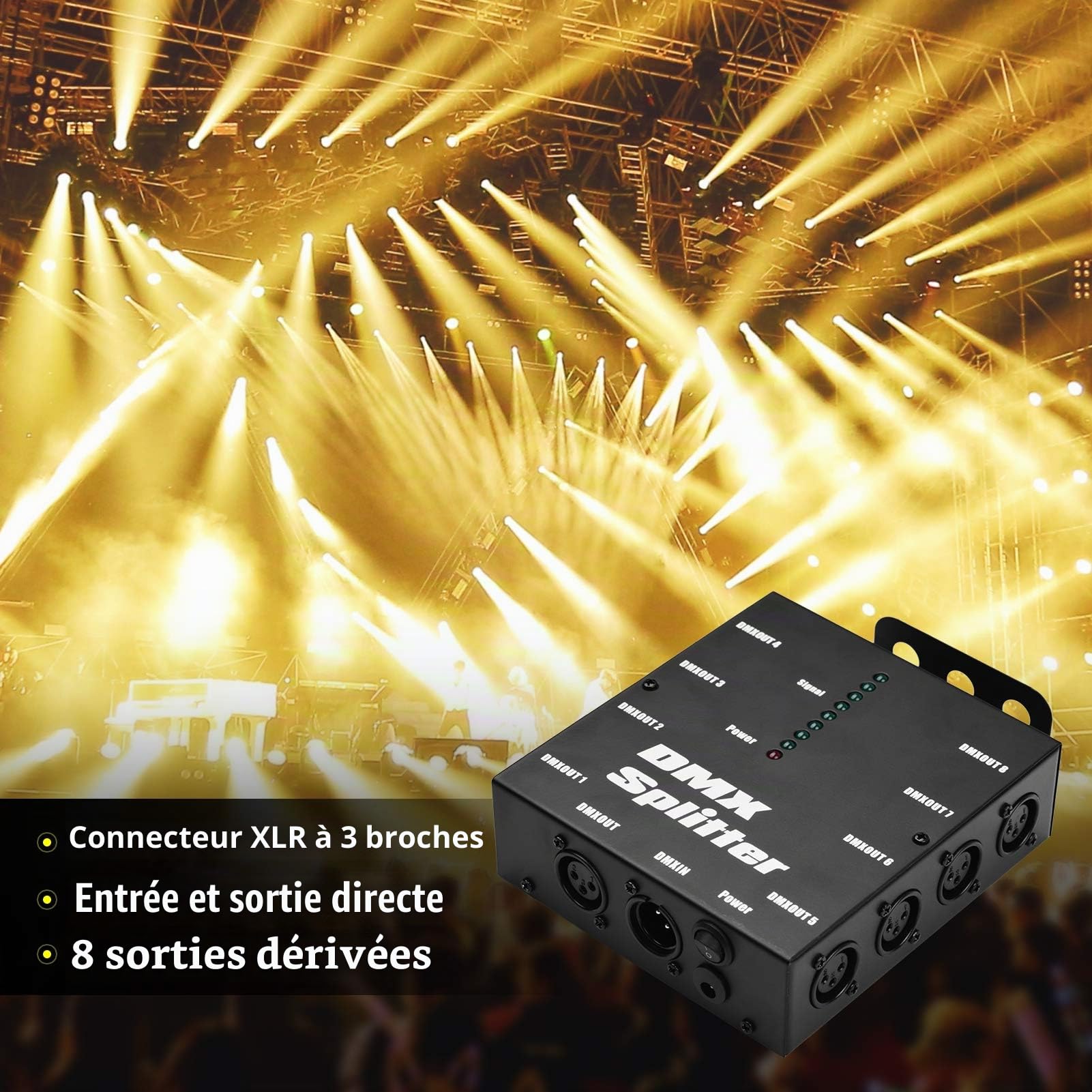 Splitter ,HUIOP 512 Amplificateur de signal optique Spliter Distributeur 1 Entrée et sortie directes 8 Sorties indépendantes pour les contrôleurs de lumières Console de scène Party DJ Club