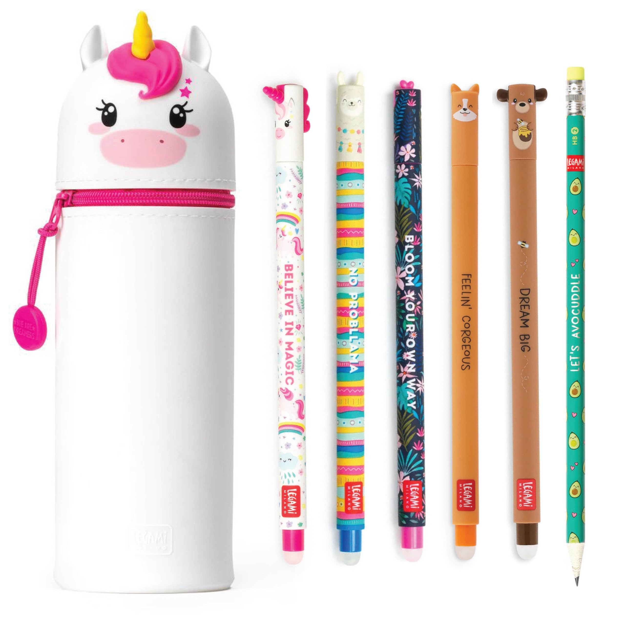 Legami Bundle Legami - Estuche 2 en 1 de unicornio y un juego de 4 bolígrafos de gel borrables Legami - Dino, Piggy, Space, Llama