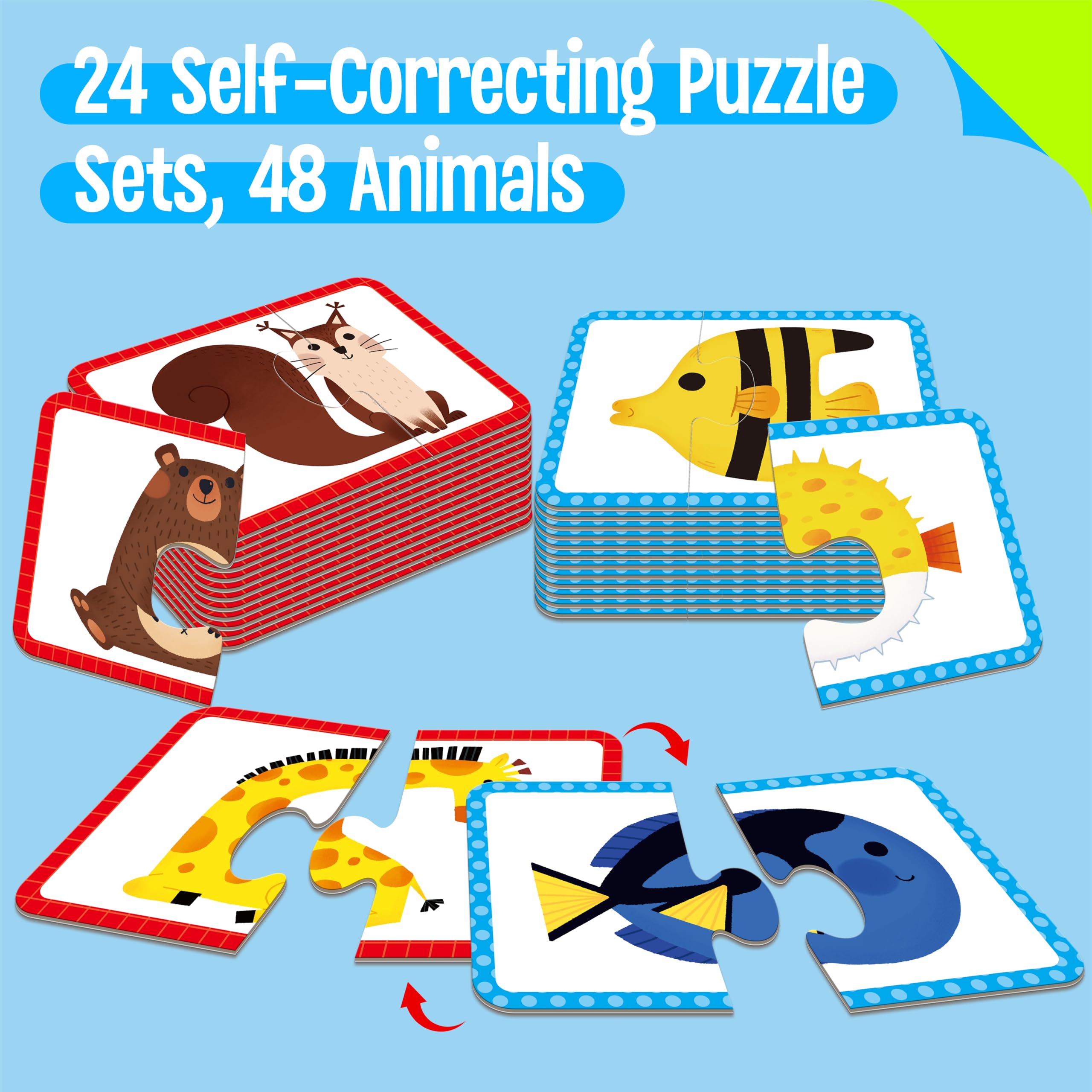 48 Animal Memory Matching Puzzles with Error-Correction, Self-Correcting Puzzle Match Game Educational Learning Activities for Toddlers Kindergarten, Animal-Themed Learning Games Toys for 3 Years Old